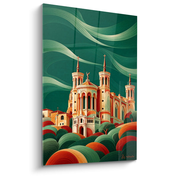 Tableau Basilique crème et rouge aux rubans de ciel - Collines ondulées stylisées - Edition Fourvière Auvergne-Rhône-Alpes France
