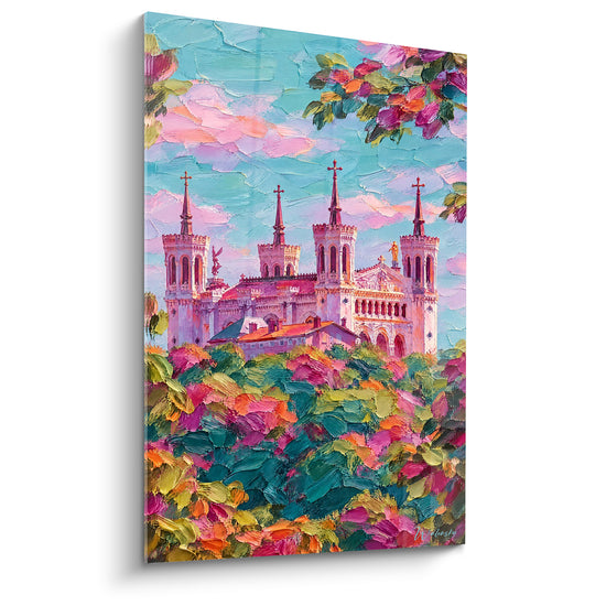 Tableau Basilique rose aux frondaisons turquoise - Éveil sur la colline - Edition Fourvière Auvergne-Rhône-Alpes France