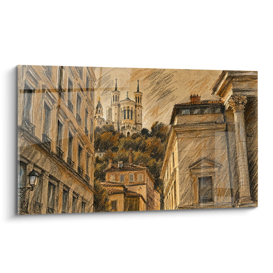 Tableau Basilique dominant une rue ocre et brune - Appel des hauteurs - Edition Fourvière Auvergne-Rhône-Alpes France