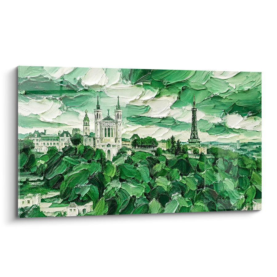 Tableau Basilique verte et blanche sous ciel texturé - Colline sacrée - Edition Fourvière Auvergne-Rhône-Alpes France