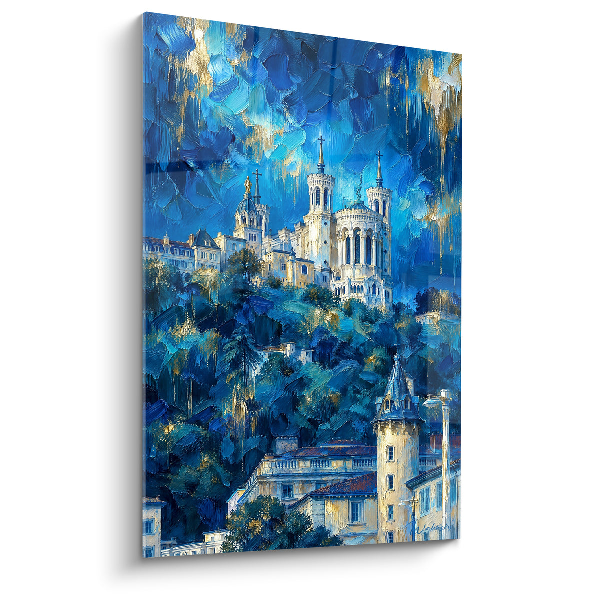 Basilique de Fourvière en bleu profond et doré, colline boisée, style peinture au couteau