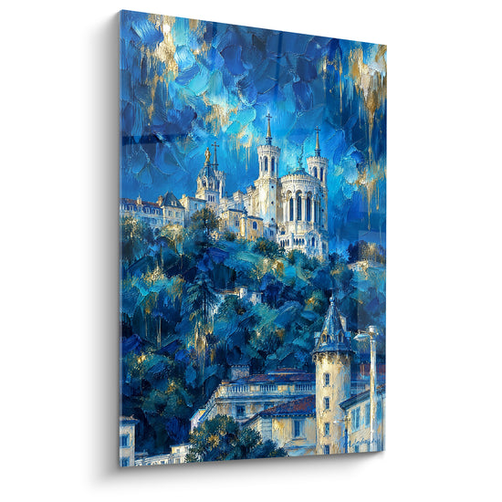 Tableau Basilique blanche et bleue dominant une tourelle à poivrière - Nuit étoilée dorée - Edition Fourvière Auvergne-Rhône-Alpes France