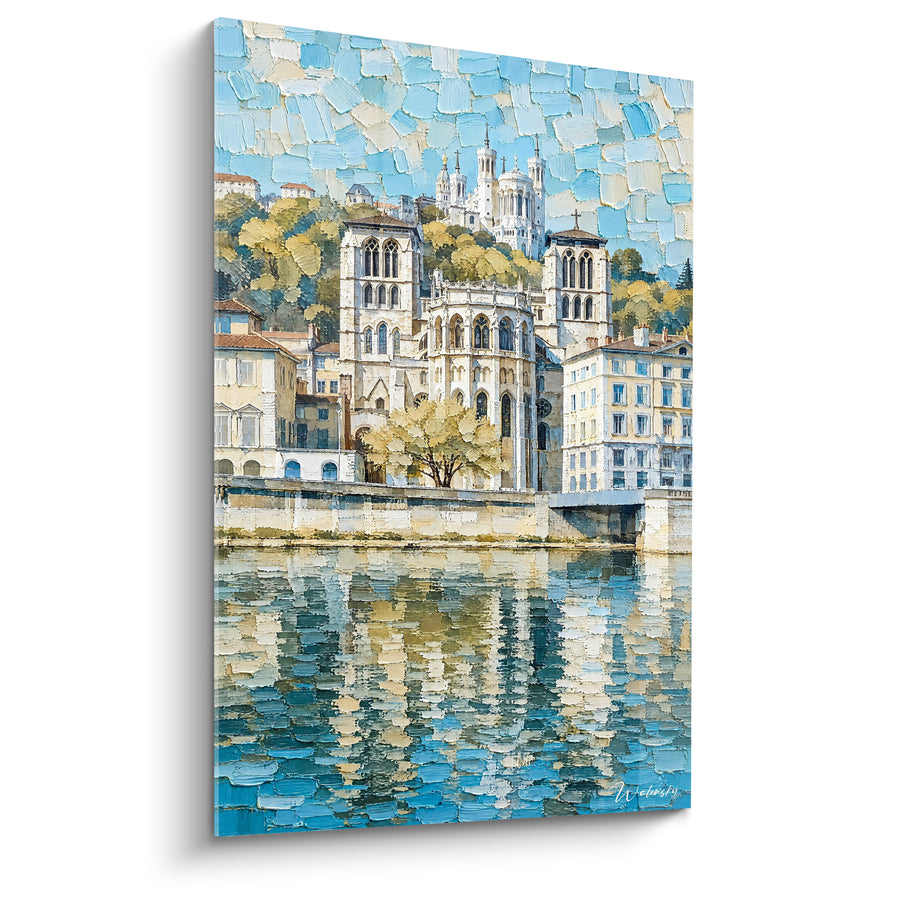 Tableau Cathédrale bleue et ocre au bord du fleuve - Quiétude fluviale - Edition Fourvière Auvergne-Rhône-Alpes France