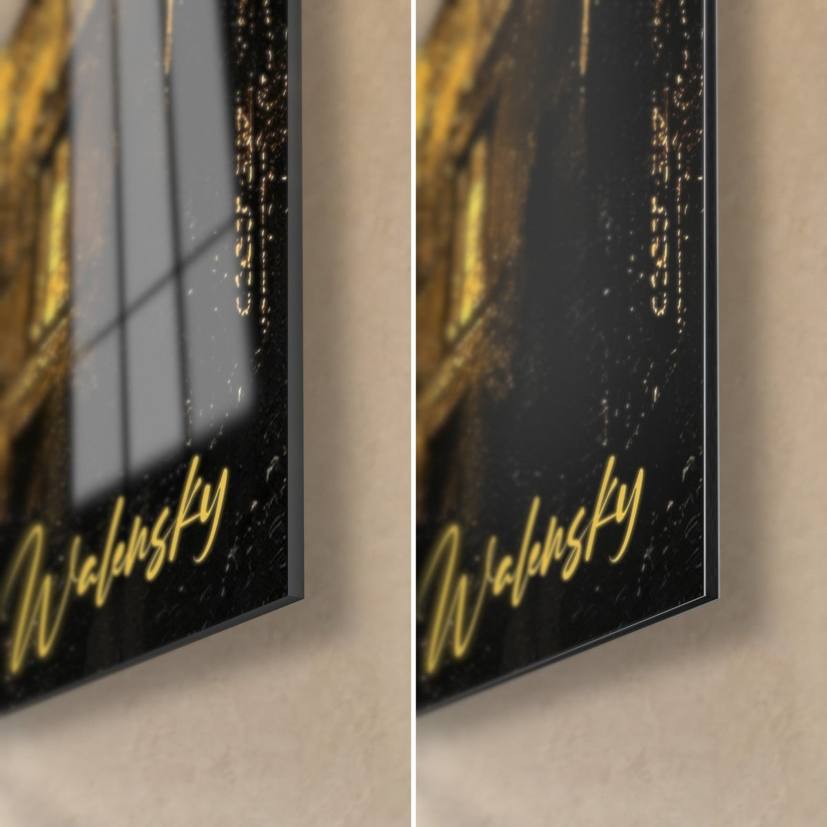 Gemälde Goldene Basilika, untere rechte Ecke: glänzendes Acrylglas und mattschwarzes Dibond, gelbe Walensky-Signatur, 3 mm Kante