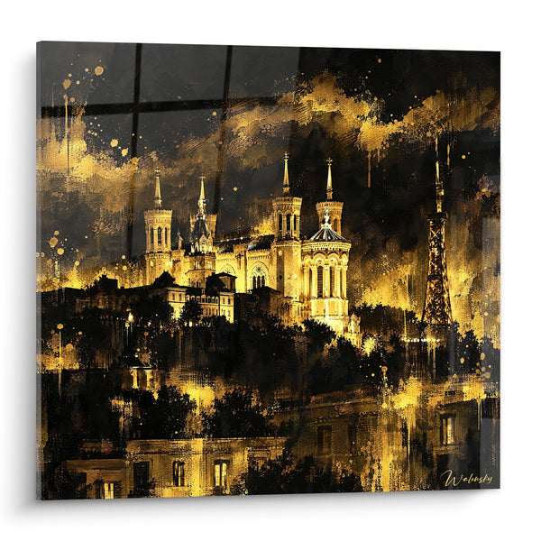 Tableau Basilique dorée aux tours noires illuminées - Veillée sur la colline - Edition Fourvière Auvergne-Rhône-Alpes France