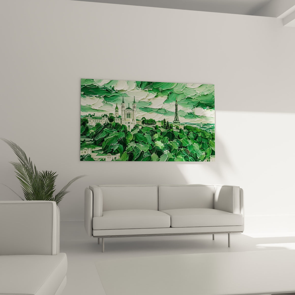 Monument lyonnais blanc cerné de verdure dense, tableau suspendu au-dessus d'un canapé dans un salon lumineux