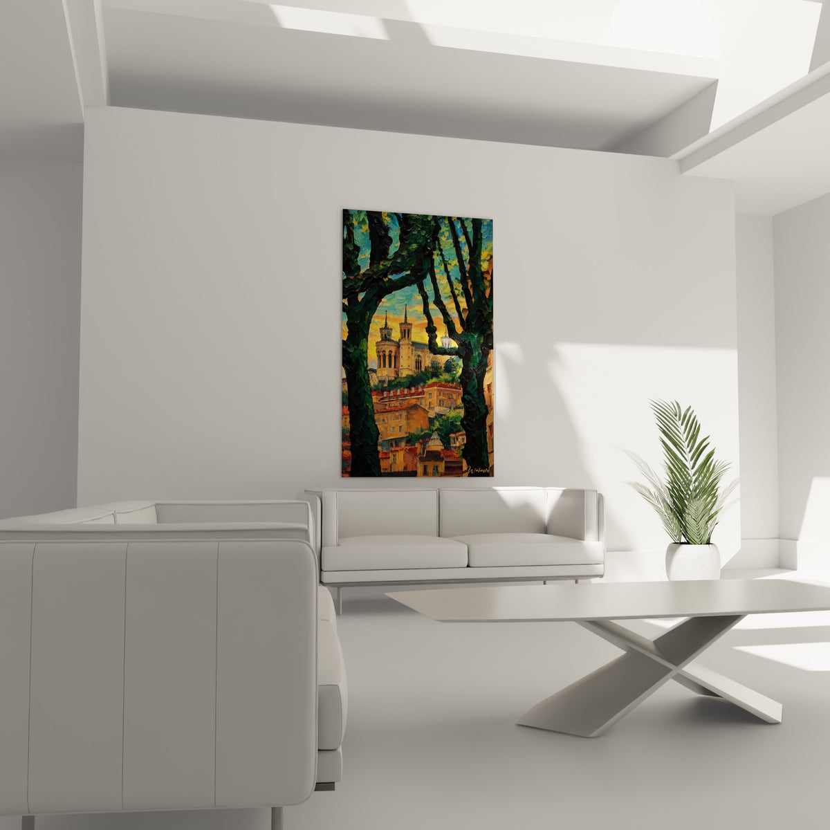Quadro della collina di Lione dipinto a olio, tetti rossi e facciate gialle sotto un cielo arancio, muro intonacato bianco di una casa in pietra