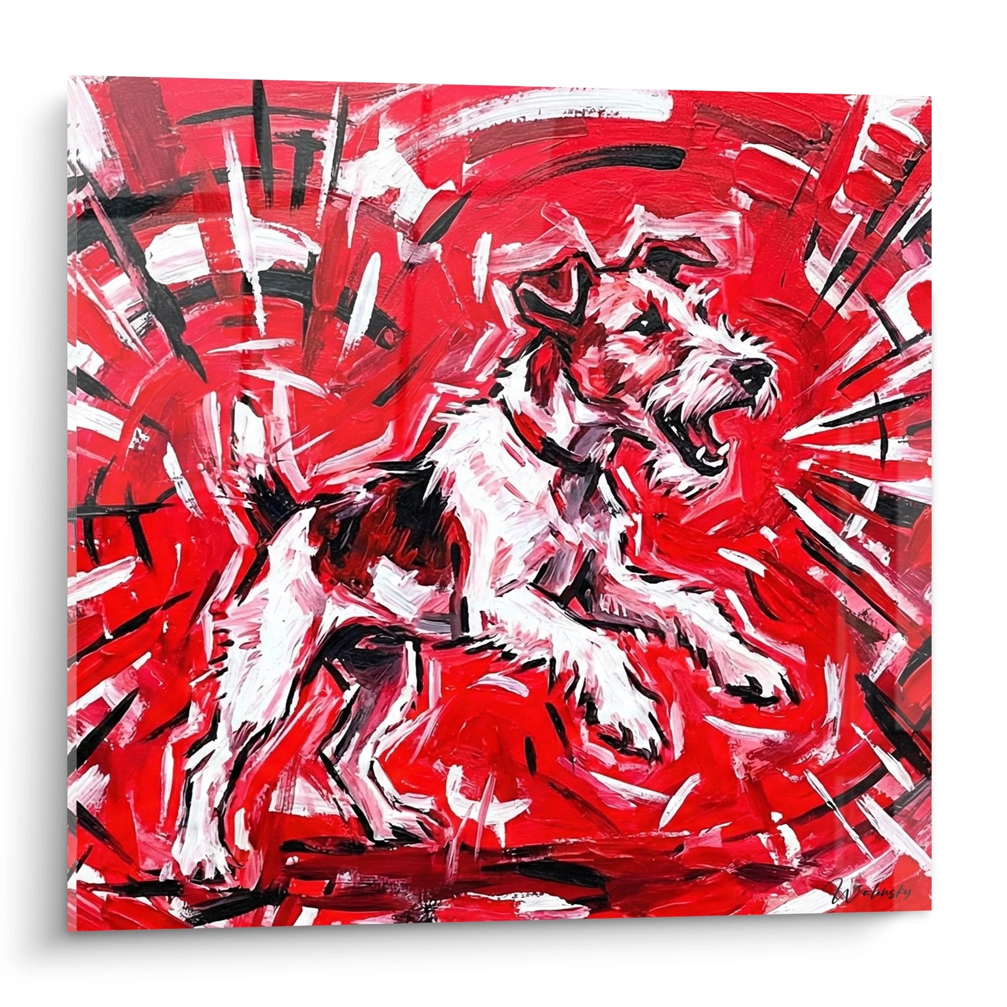 Tableau Fox Terrier blanc expressif sur fond rouge éclatant, peinture contemporaine énergique aux coups de pinceau dynamiques