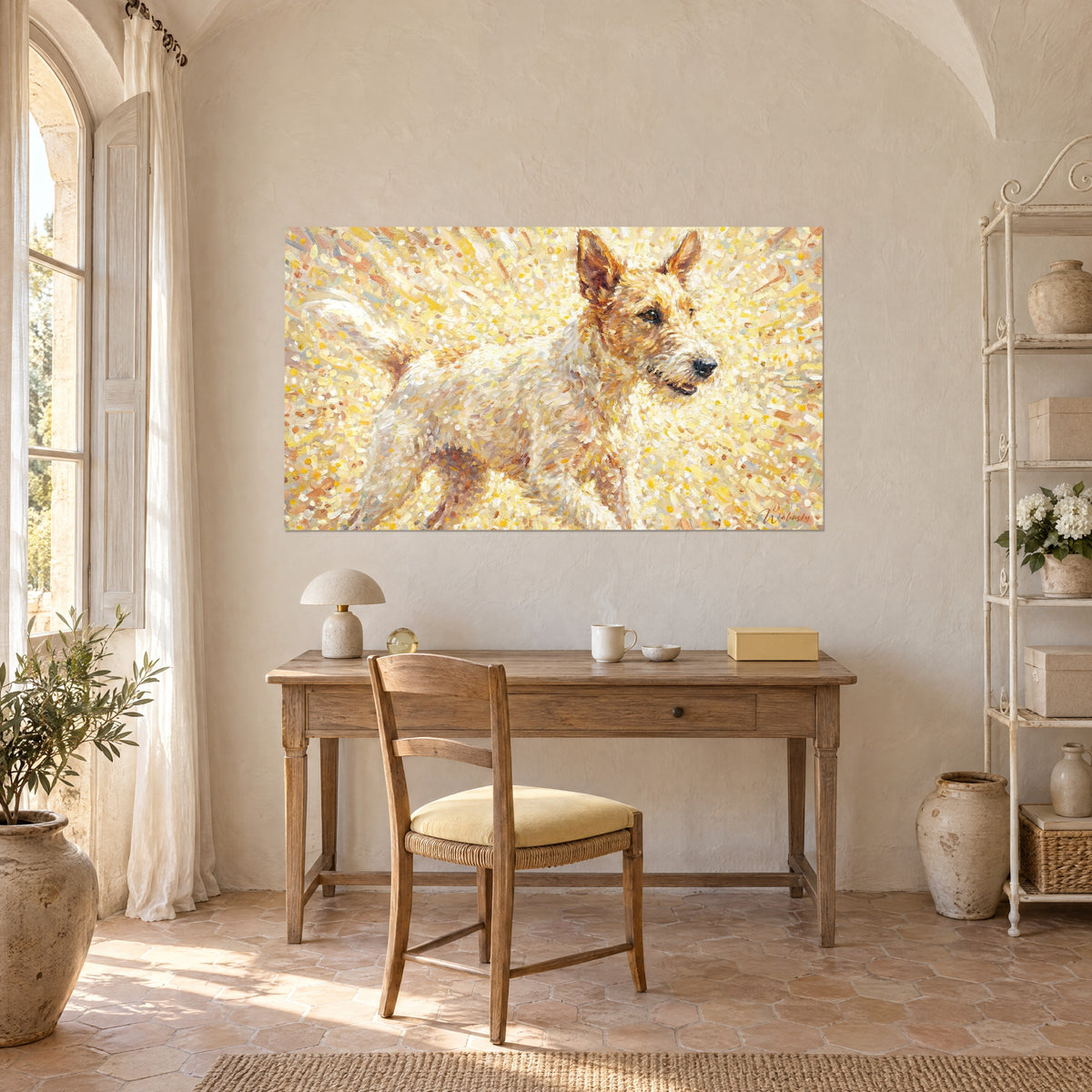 Obraz jack russell w kremie i morelu, ciemne spojrzenie, rój cytrynowych i bladoróżowych kropek, nad drewnianym biurkiem