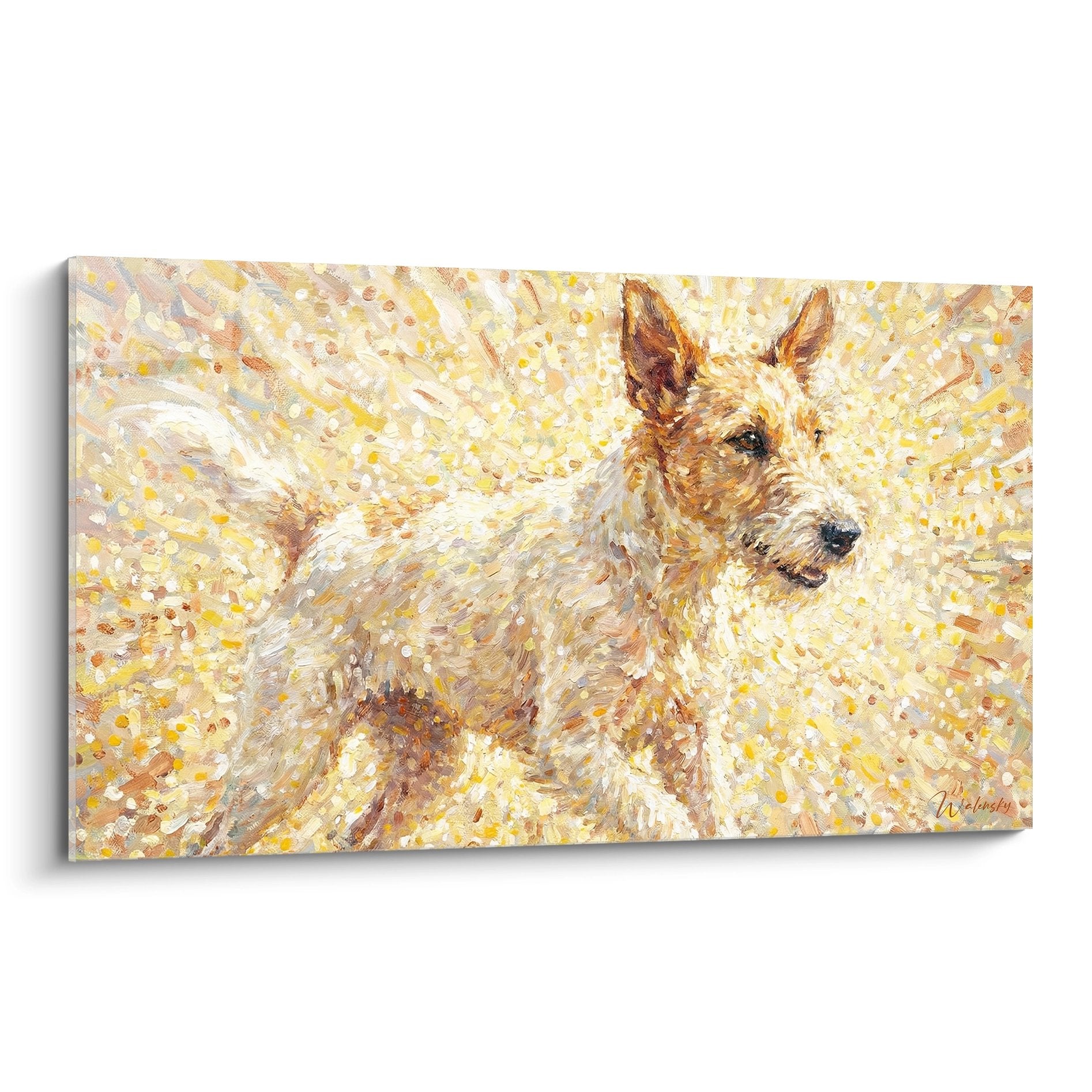 Tableau fox terrier beige aux tons dorés dans un éclat de lumière impressionniste