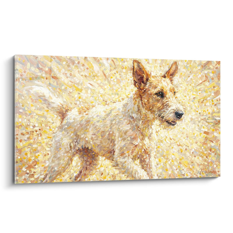 Beige Fox Terrier Gemälde mit goldenen Tönen im Glanz des Lichts - Sonnenstrahlung - Edition Fox Terrier