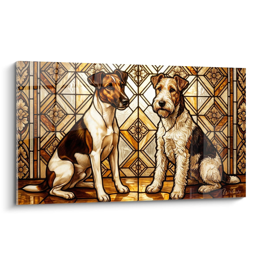 Tableau Duo de Chiens sur Carrelage Géométrique Doré - Compagnons Fidèles - Edition Fox Terrier