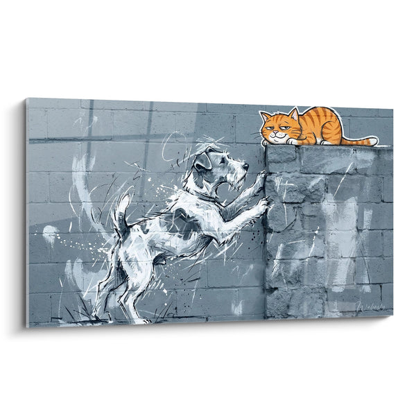 Cuadro Perro Blanco Graffiti y Gato Rojo en lo Alto - Contraste Urbano - Edición Fox Terrier