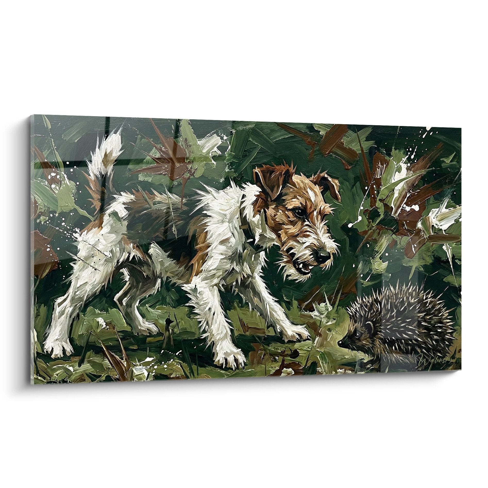 Tableau fox terrier blanc et fauve face à un hérisson dans feuillage vert olive, peinture expressive animalière