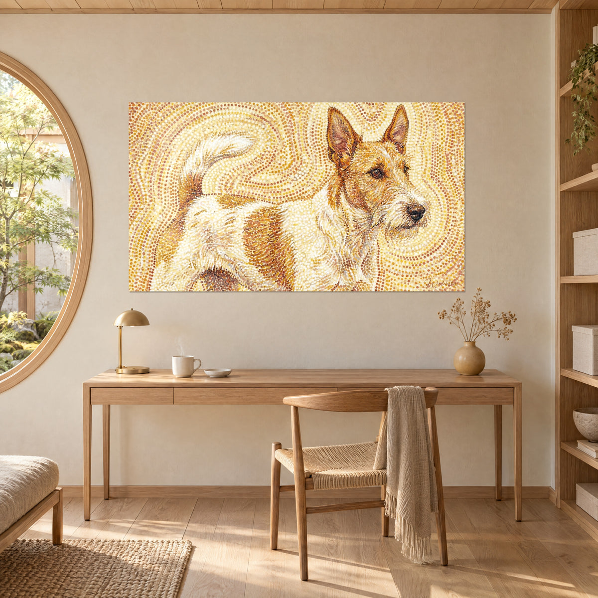 Wall art wire-haired terrier in swirls of saffron and beige dots, hung above a light wood desk