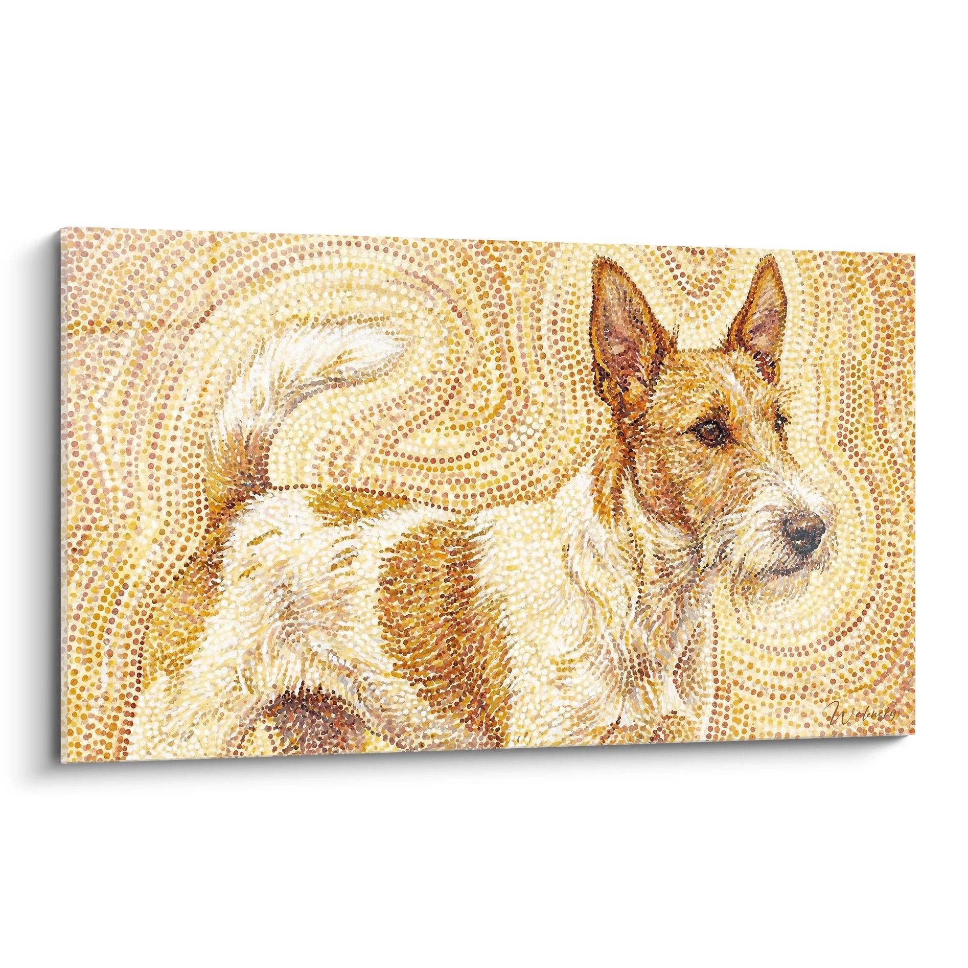 Portrait Fox Terrier technique pointilliste tons dorés ocre cuivre mosaïque spirales tableau mural décoratif