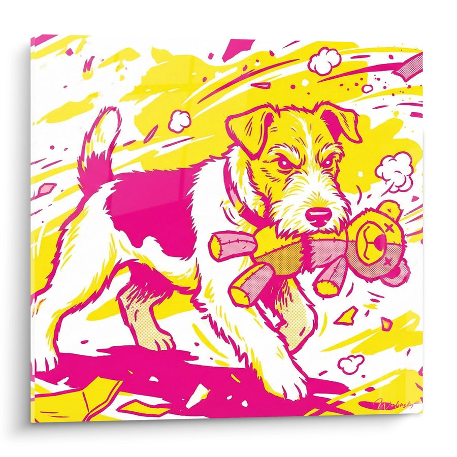 Gemälde Fox Terrier Pop Art Rosa und Gelb - Kosmischer Abenteurer - Fox Terrier Edition