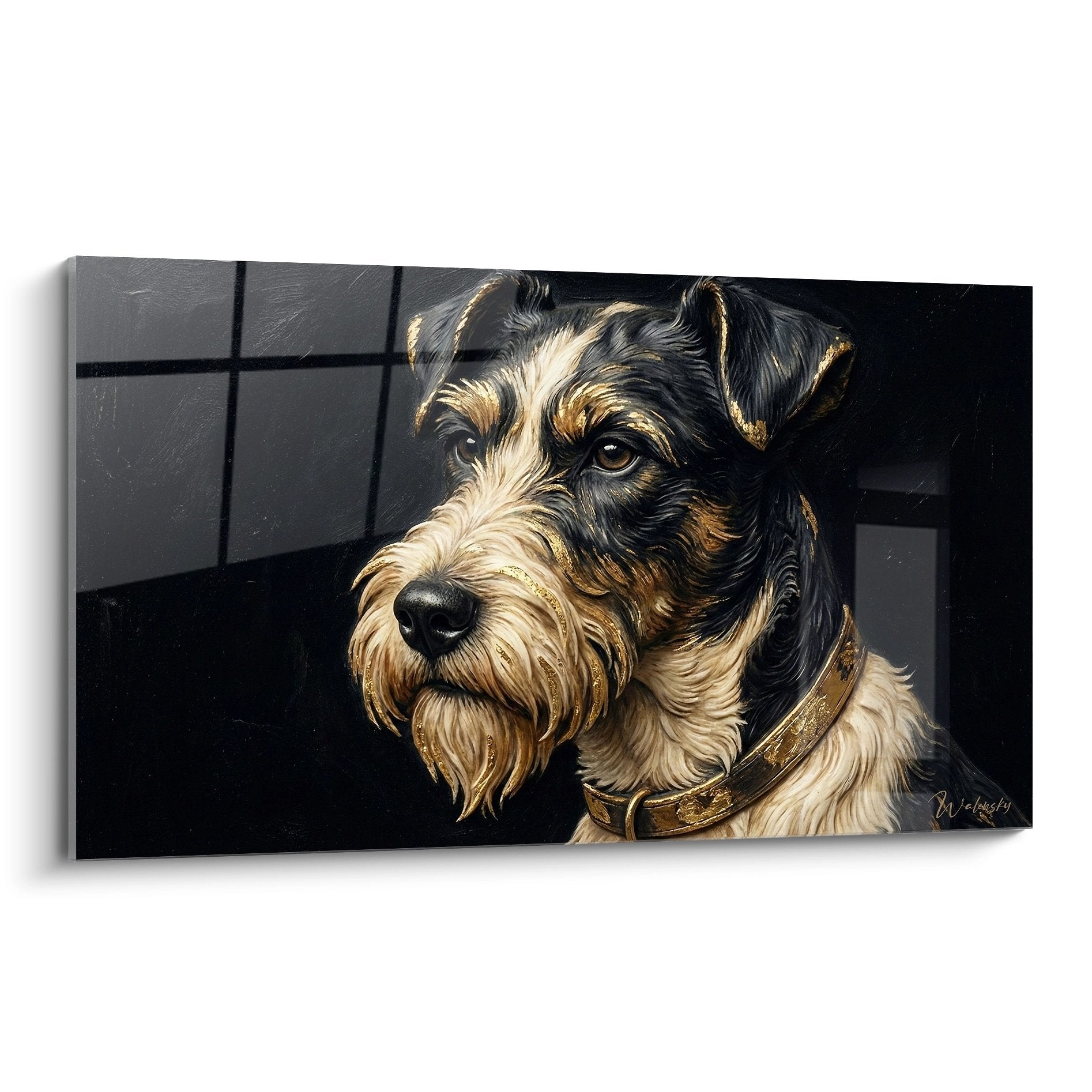 Portrait Fox Terrier collier dore fond noir tableau decoration murale chien regard expressif