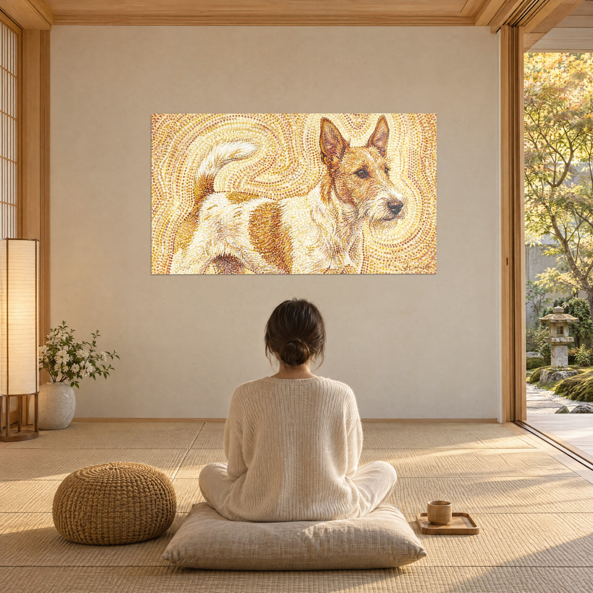 Wall art spotted dog with spirals of straw yellow and russet brown dots, facing a woman seated cross-legged