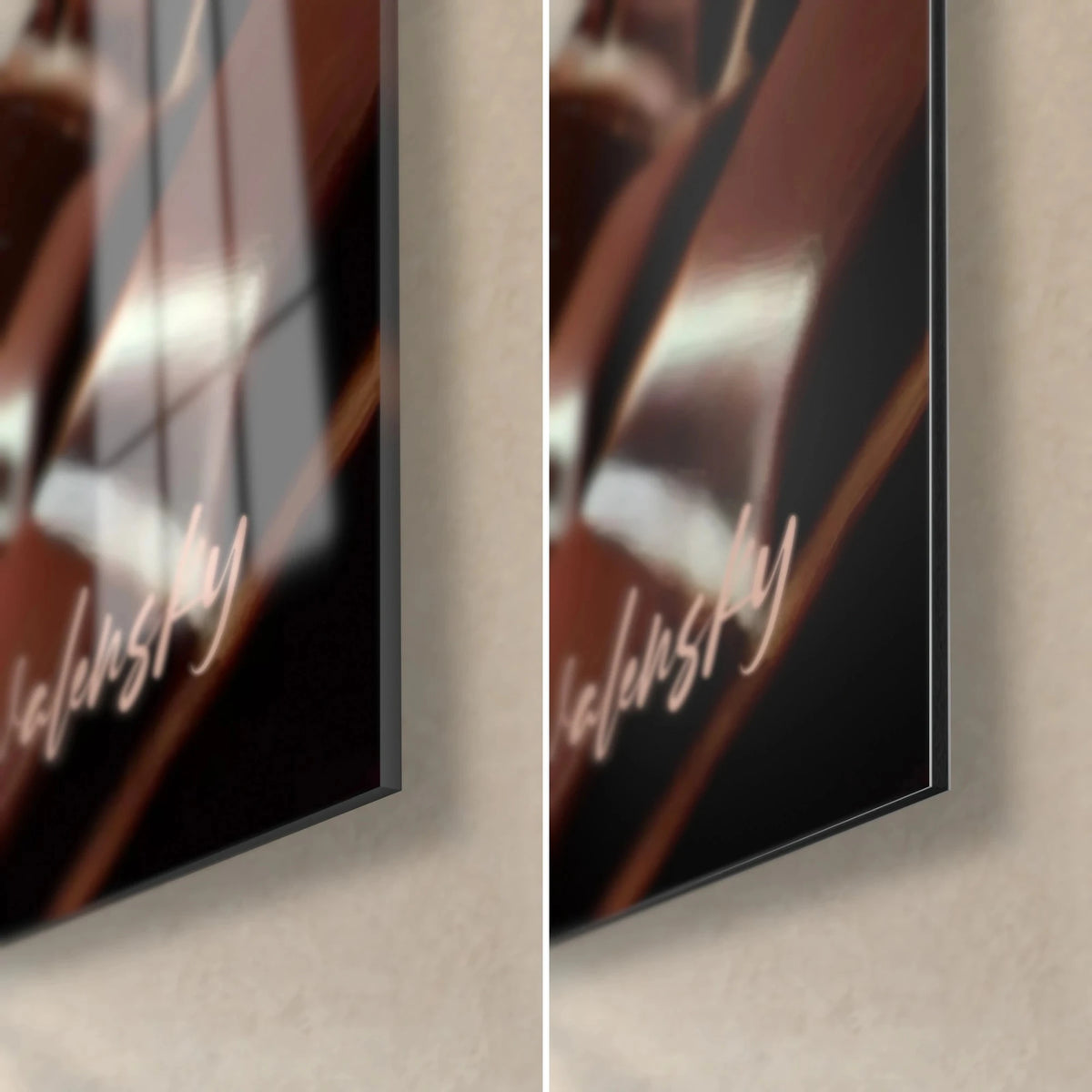 Gemälde einer zerbrochenen Schokoladentafel, untere rechte Ecke, glänzendes Acrylglas mit Reflexen und mattschwarzes Dibond-Aluminium, 3 mm Stärke