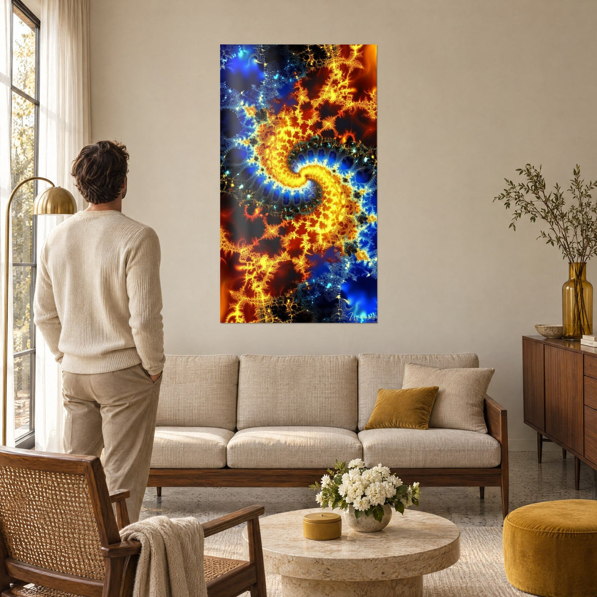 Cuadro espiral fractal de llamas doradas y aristas azul eléctrico, un hombre de espaldas encima de un sofá en un salón luminoso