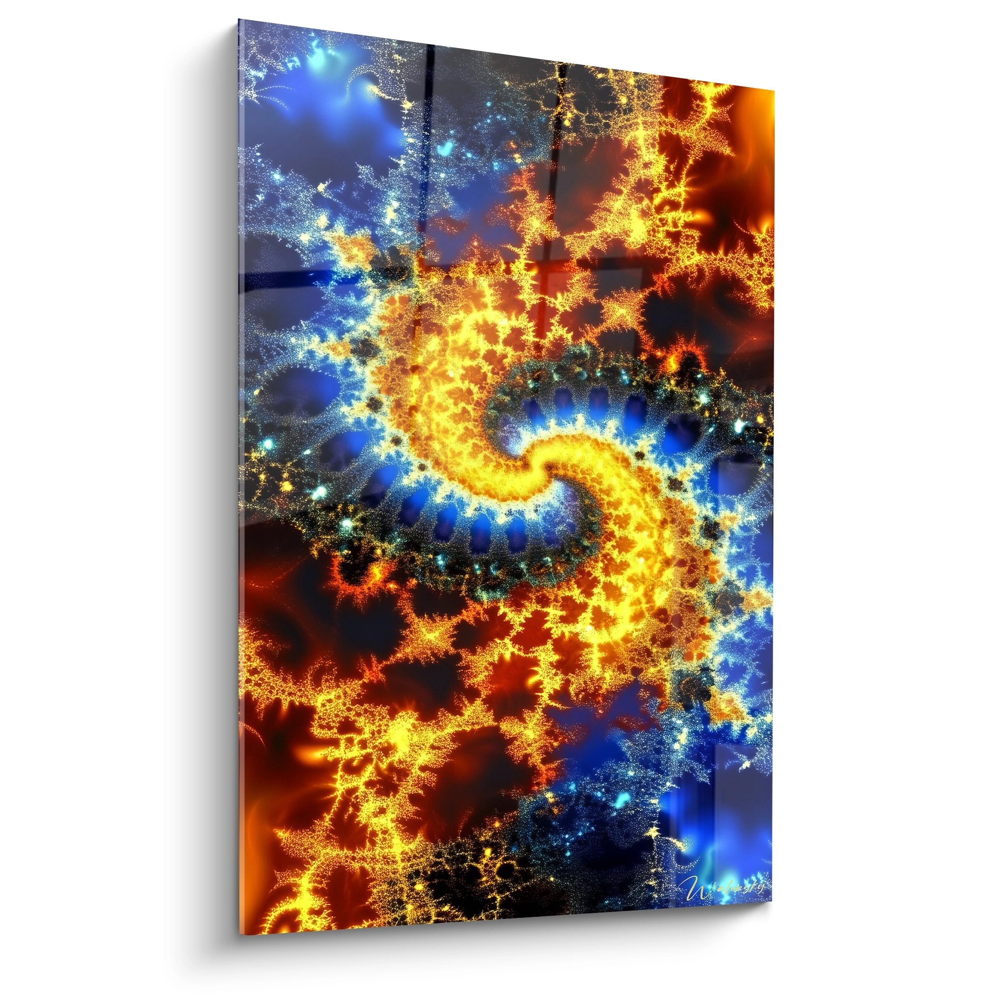 Tableau fractale cosmique feu et glace avec spirale dorée - art mural moderne