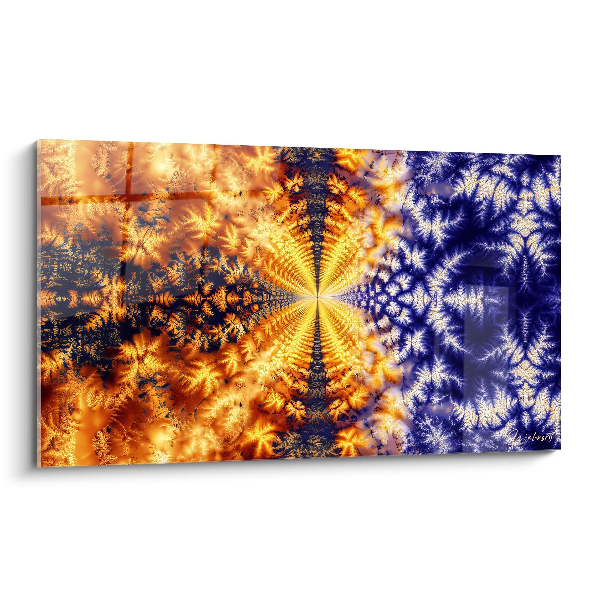 Tableau fractale dualité feu glace aux motifs géométriques dorés et bleus pour décoration murale moderne