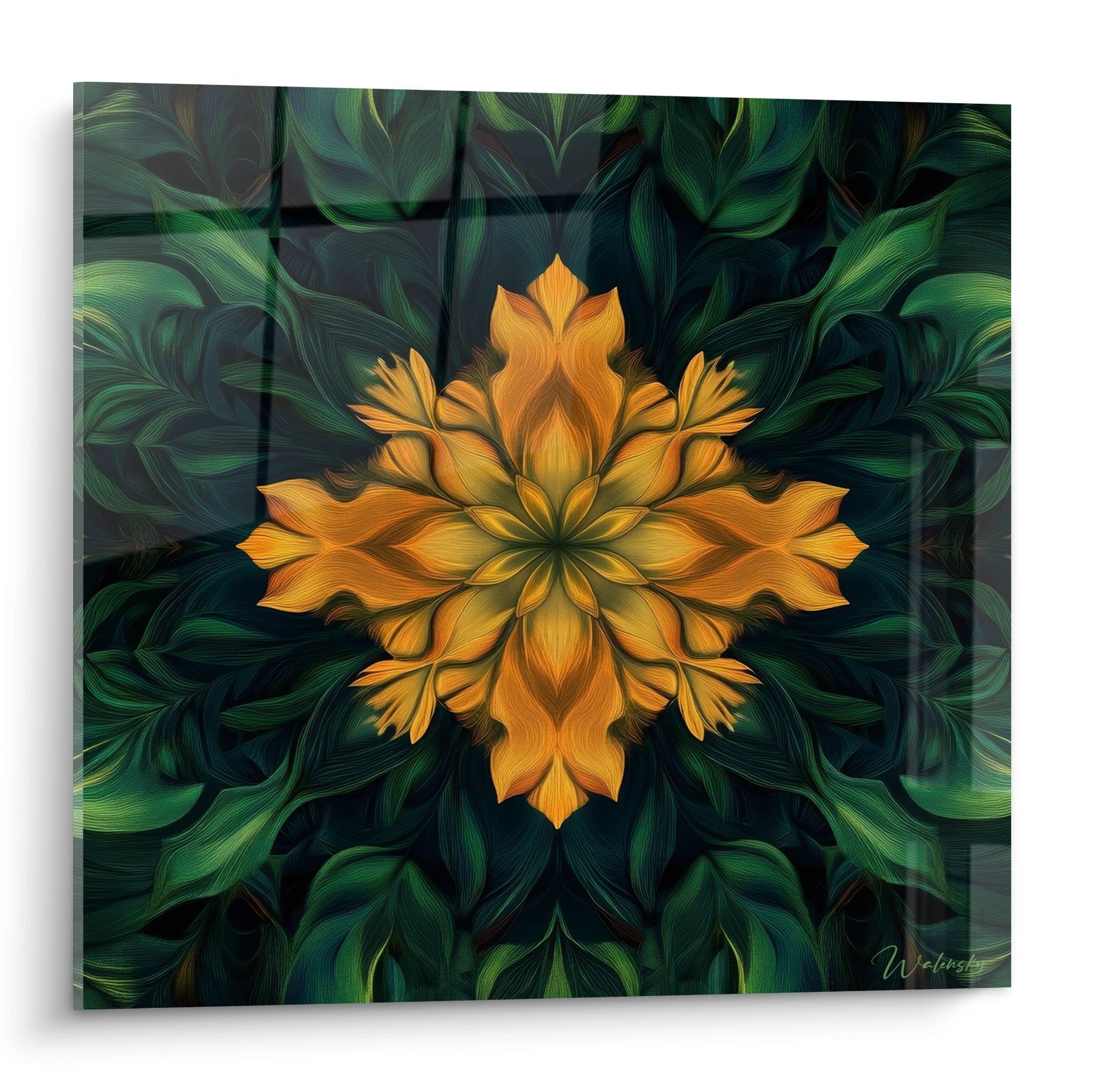 Tableau mural fractale fleur mandala dorée sur fond vert, art décoratif moderne géométrique