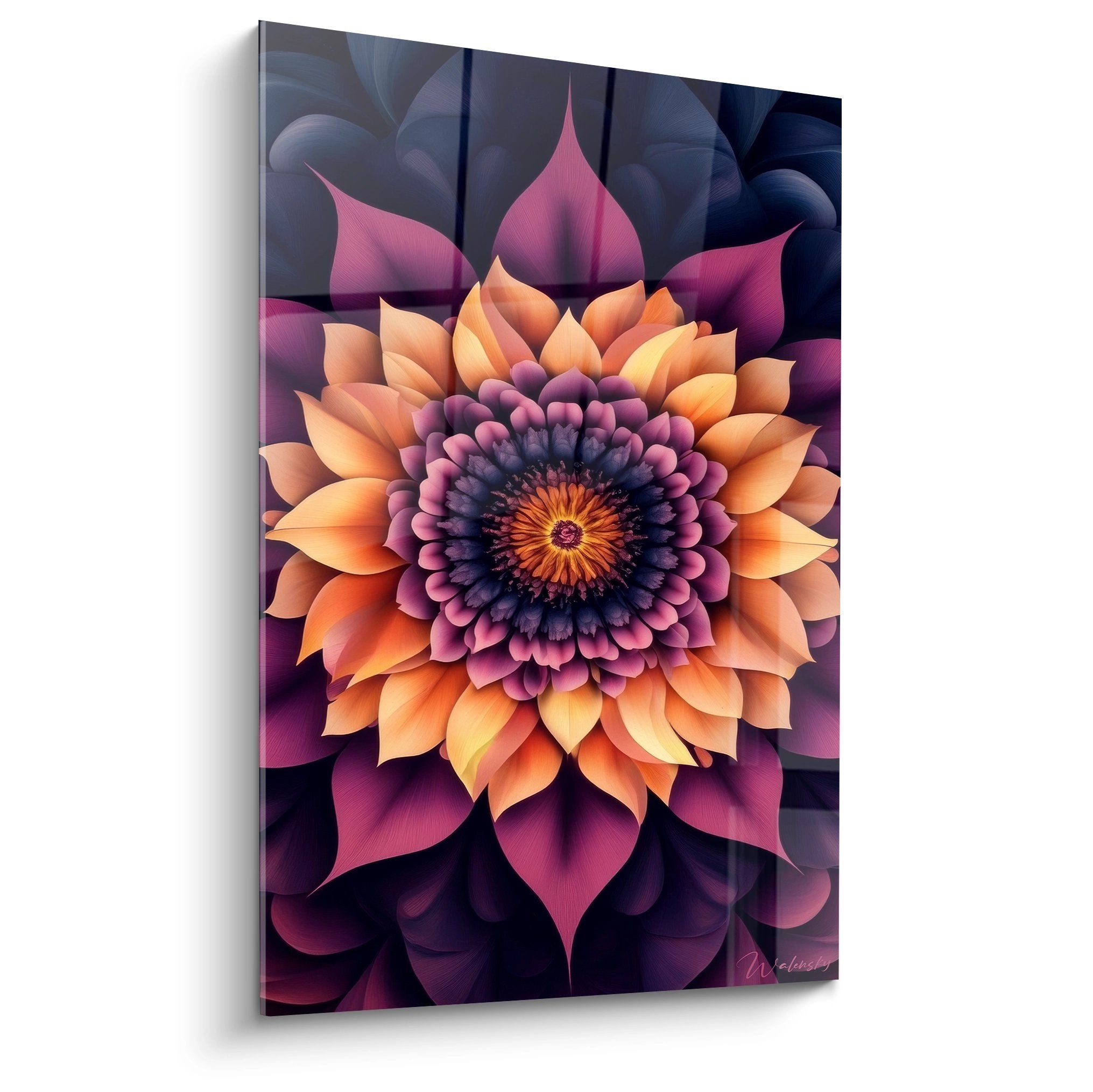 Tableau fractale fleur mandala orange violet art mural moderne décoration intérieure géométrique