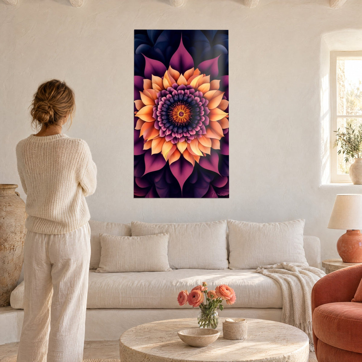 Tableau mandala floral aux pétales orange et prune autour d'un cœur doré, femme de dos, au-dessus d'un canapé dans un salon lumineux
