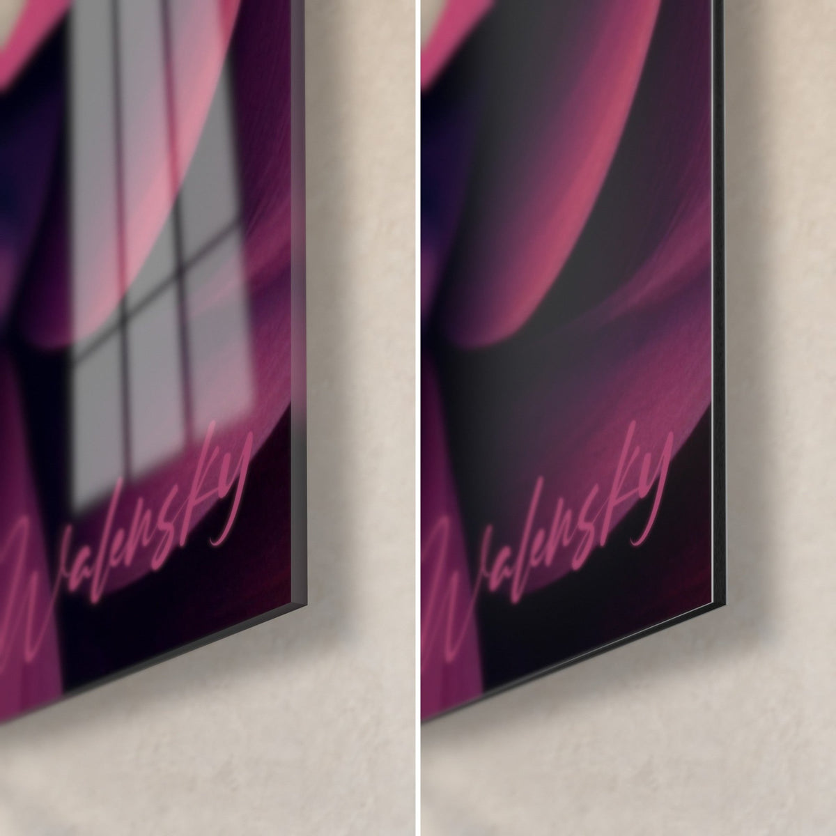 Tableau fleur fractale violette et orange, coin bas droit : verre acrylique brillant à reflets, alu Dibond mat, tranche de 3 mm