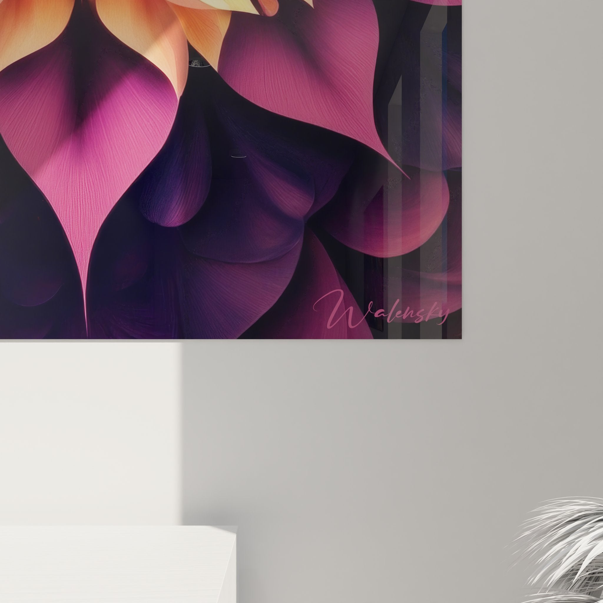 Vue ensemble tableau fractale fleur mandala orange violet art mural géométrique moderne