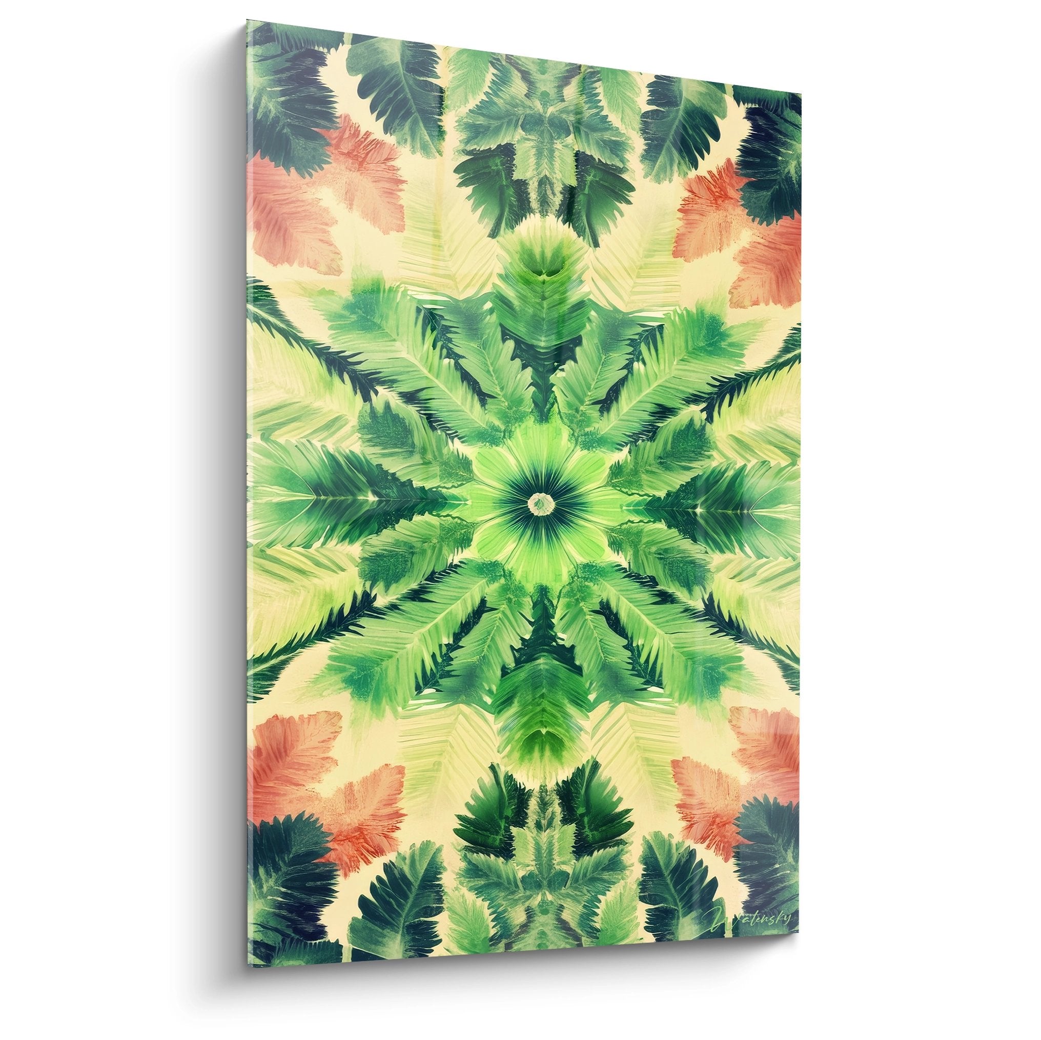 Tableau fractale mandala feuilles tropicales vertes et roses en motif kaléidoscope symétrique