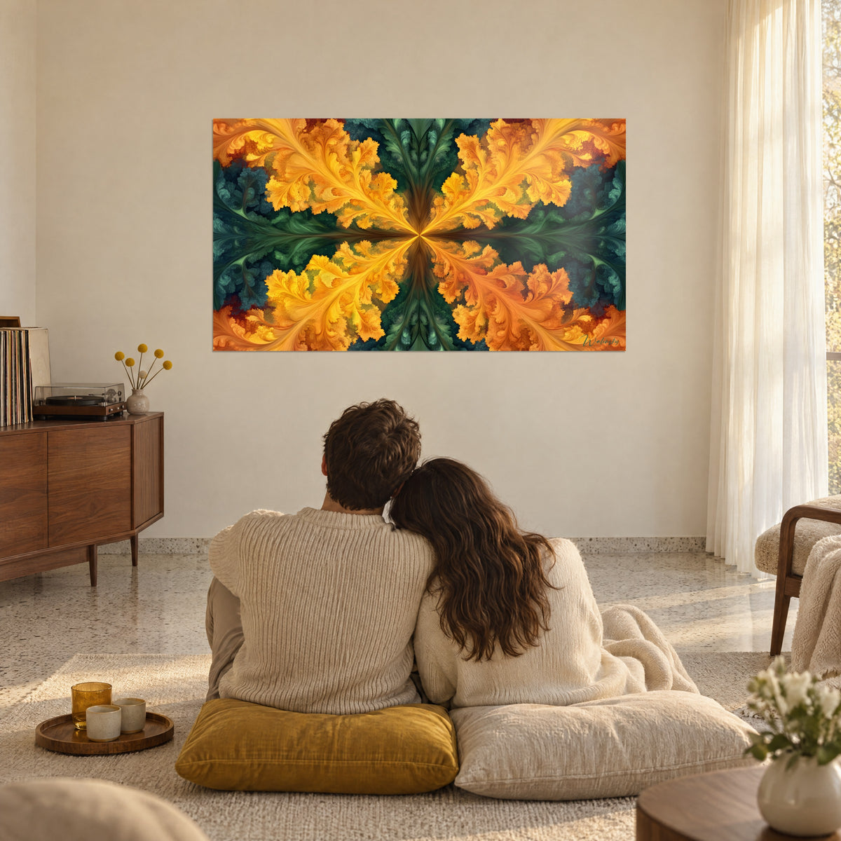 Cuadro flor fractal naranja quemado y verde pino, pareja abrazada de espaldas sentada en el suelo sobre cojines en un salón claro