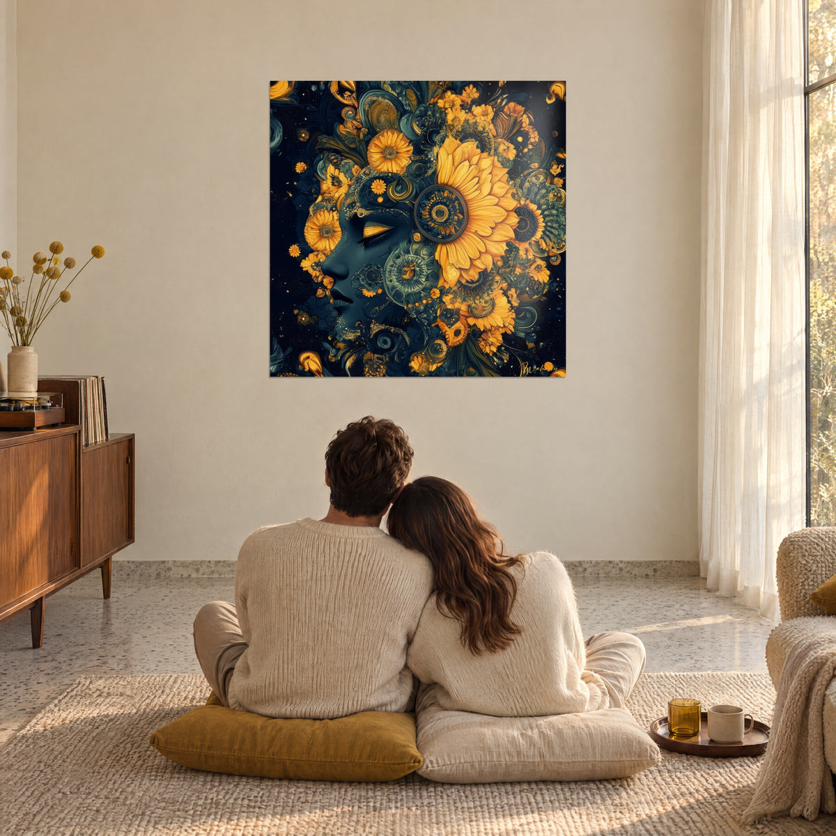 Cuadro metamorfosis dorada de un rostro en flores, amarillo solar sobre noche estrellada, pareja de espaldas sentada sobre cojines mostaza, pared crema