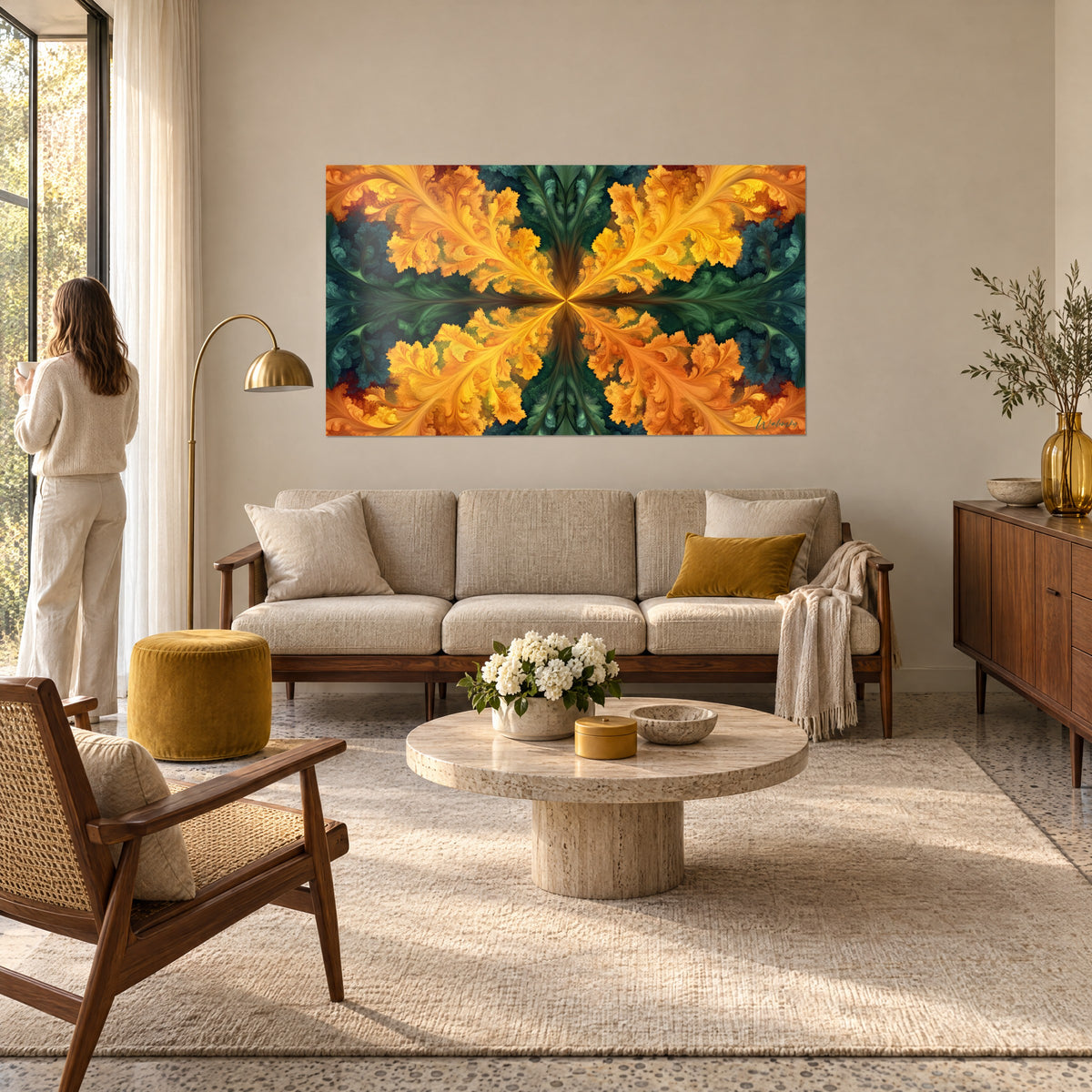 Cuadro ornamento floral simétrico, volutas amarillo dorado y verde abeto, pareja de espaldas sobre un sofá en un salón luminoso