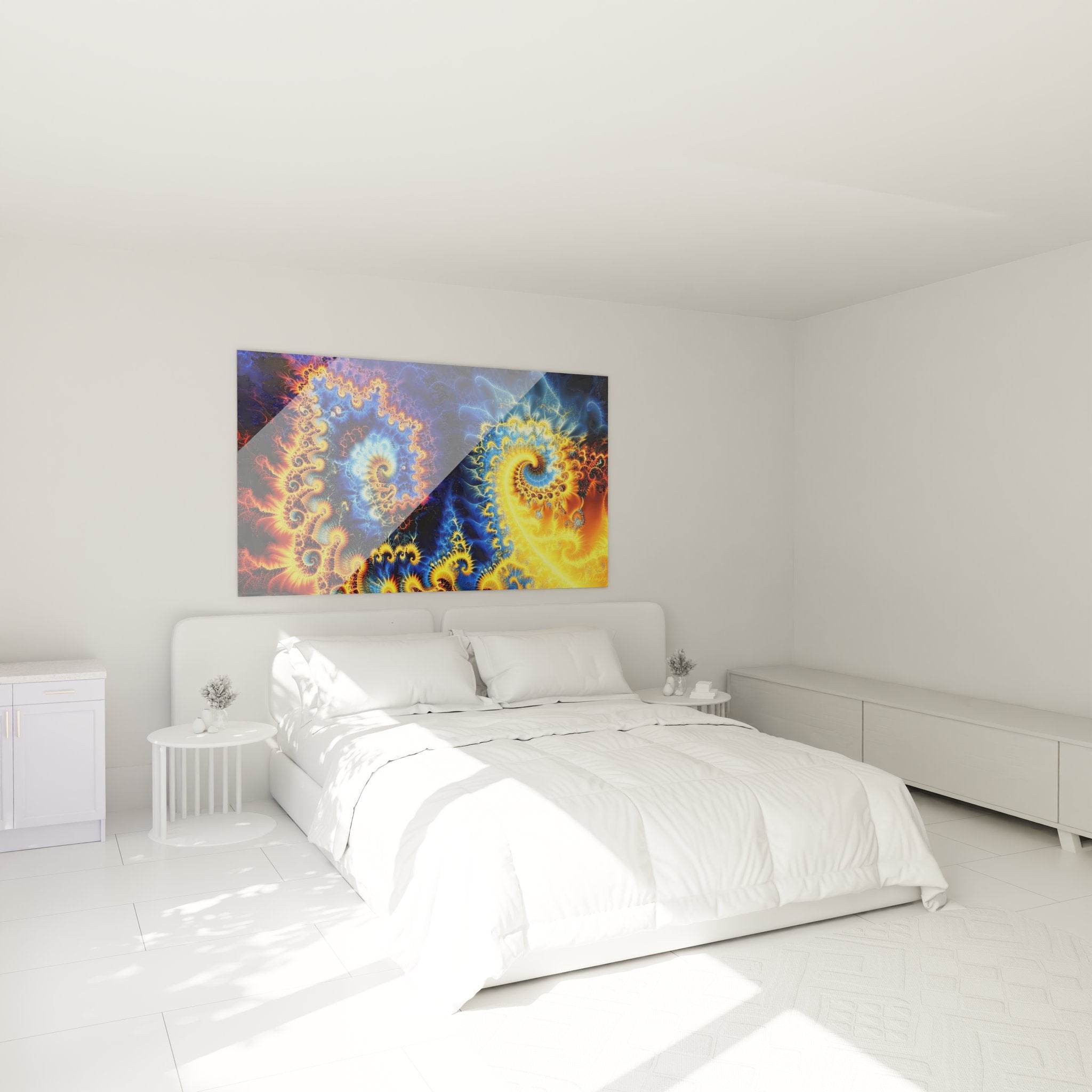 Ambiance chambre avec tableau fractale spirales cosmiques décoration murale moderne