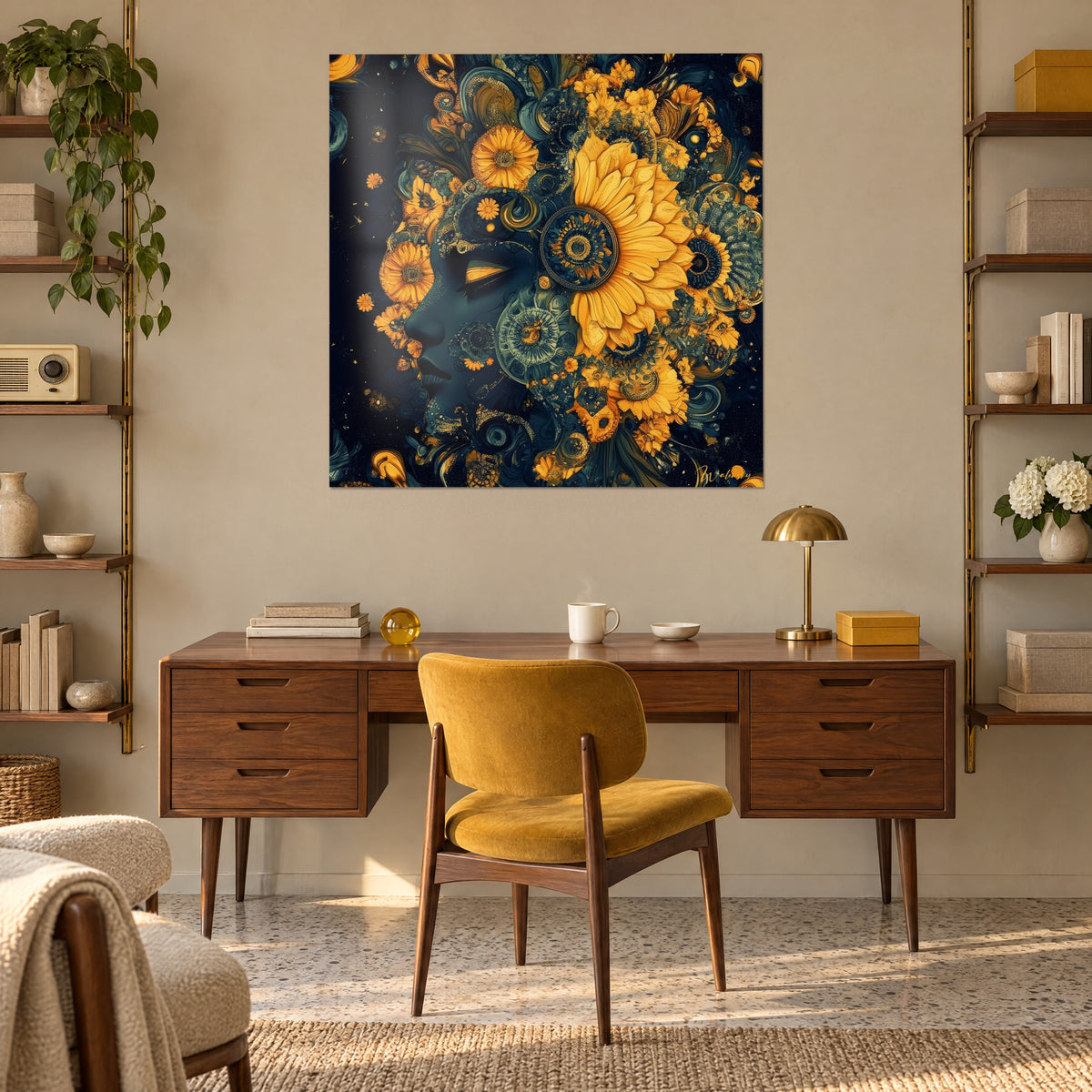 Cuadro cabeza de diosa floral, girasol gigante ámbar y espirales azul petróleo, colgado entre estanterías de madera en el despacho de nogal