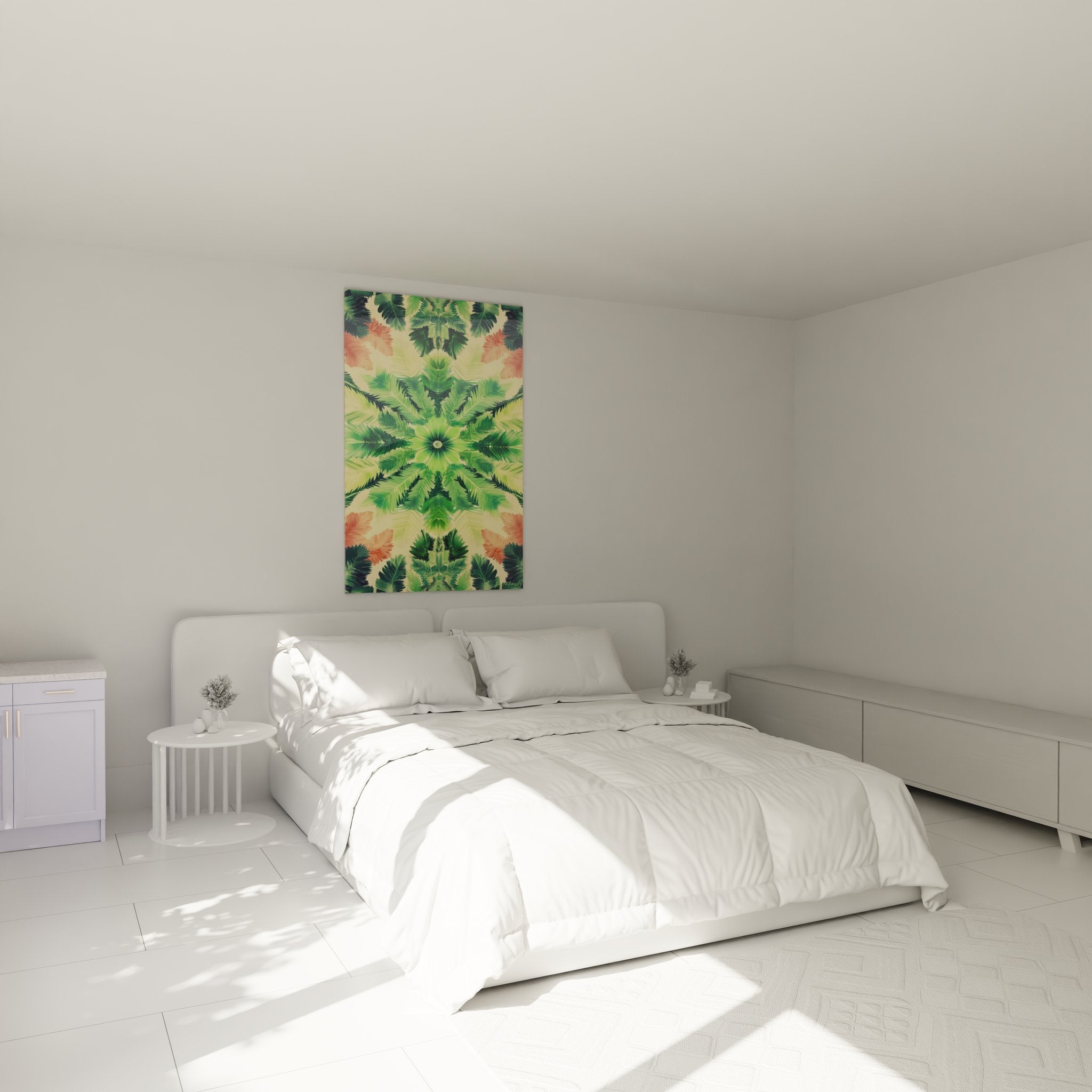 Ambiance chambre avec tableau mural fractale motifs végétaux tropicaux en mandala coloré