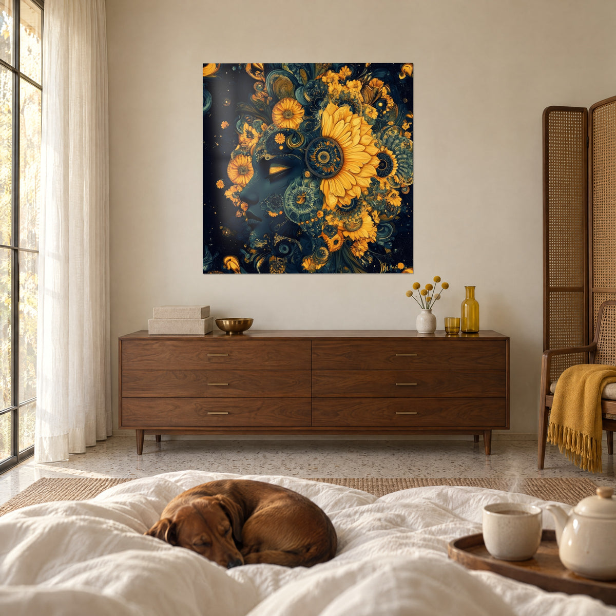 Cuadro musa dormida de tez índigo y flores doradas, párpado amarillo, dachshund rojizo tumbado sobre una cama en un dormitorio luminoso