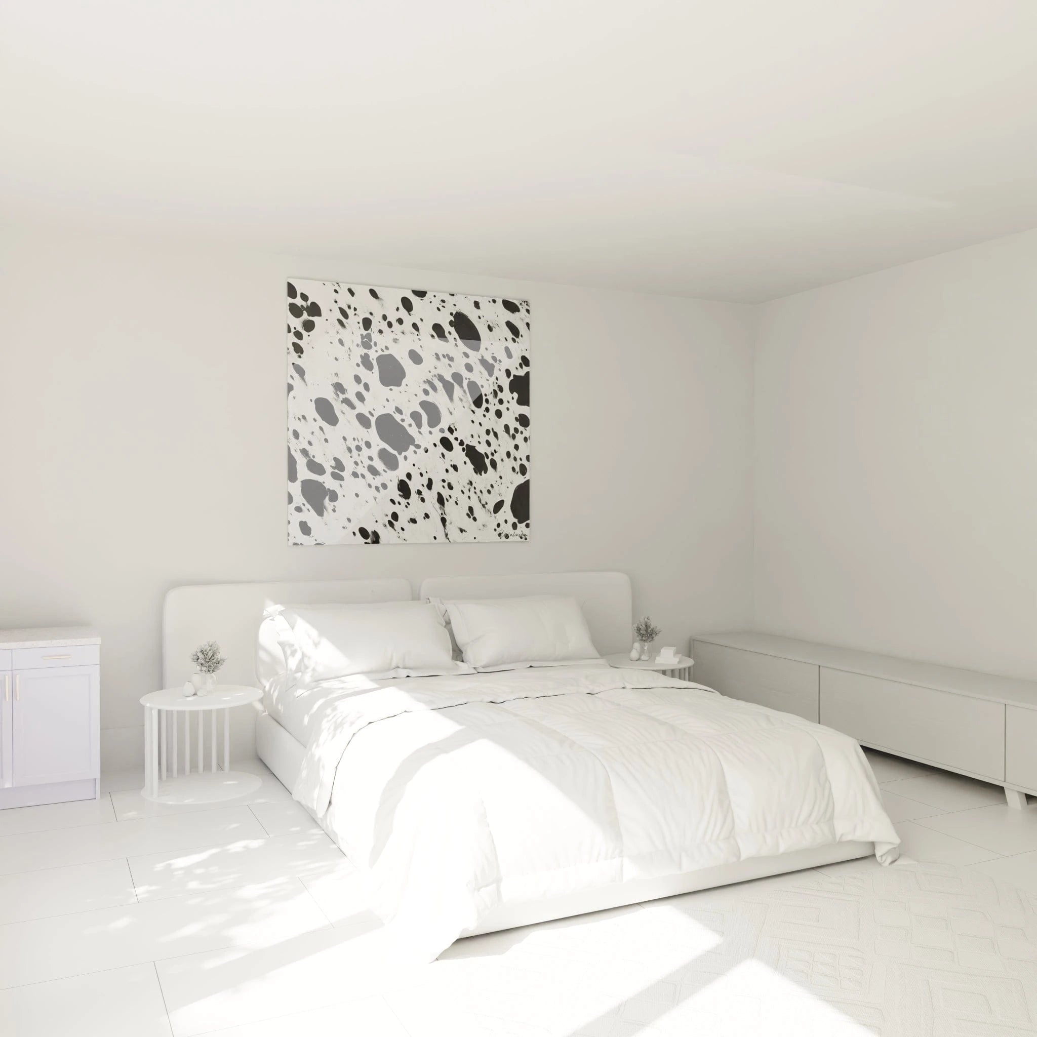 Tableau tacheté noir et blanc Walensky décorant un mur dans une chambre moderne et lumineuse