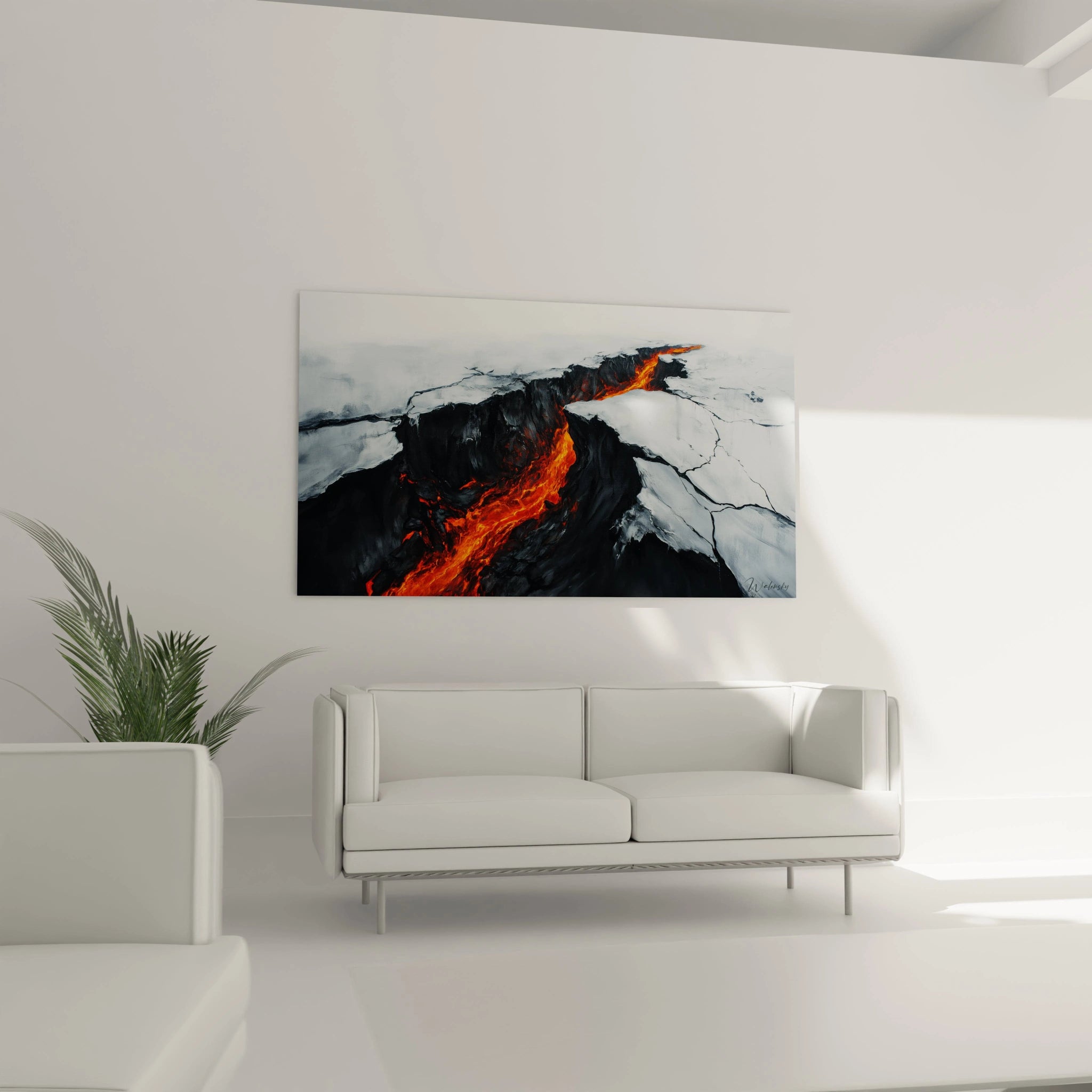 Un tableau nature montrant une fracture géologique où s'écoule de la lave brûlante orange-rouge entre des parois noires, sur fond de glace blanche craquelée, avec des textures rugueuses pour la glace et des effets brillants pour le magma en fusion.
