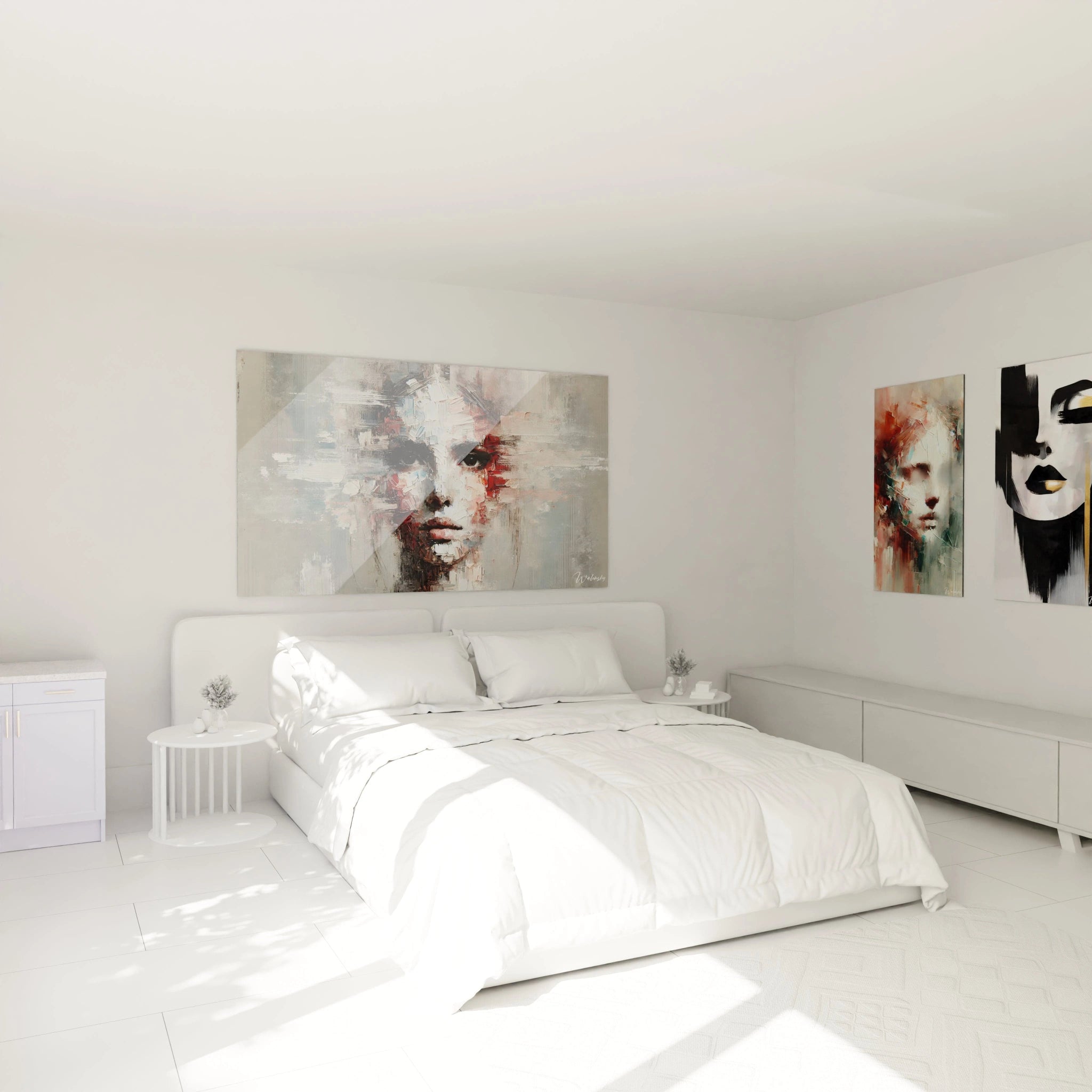 "Le tableau 'Fragmentation intérieure' accroché au mur de la chambre. Une œuvre abstraite qui apporte profondeur et réflexion sur l'identité dans l'espace."