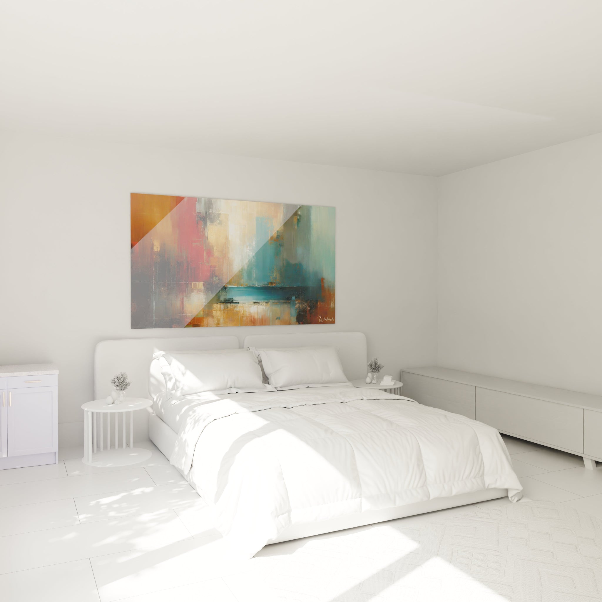 Un tableau abstrait de composition architecturale avec reflets. La palette associe rouge vermillon, bleu azur, ambre et beige lumineux. Les textures combinent zones lisses et empâtements subtils avec des traits verticaux dominants et une section horizontale centrale plus calme, créant un contraste entre les sections chaudes et froides.
