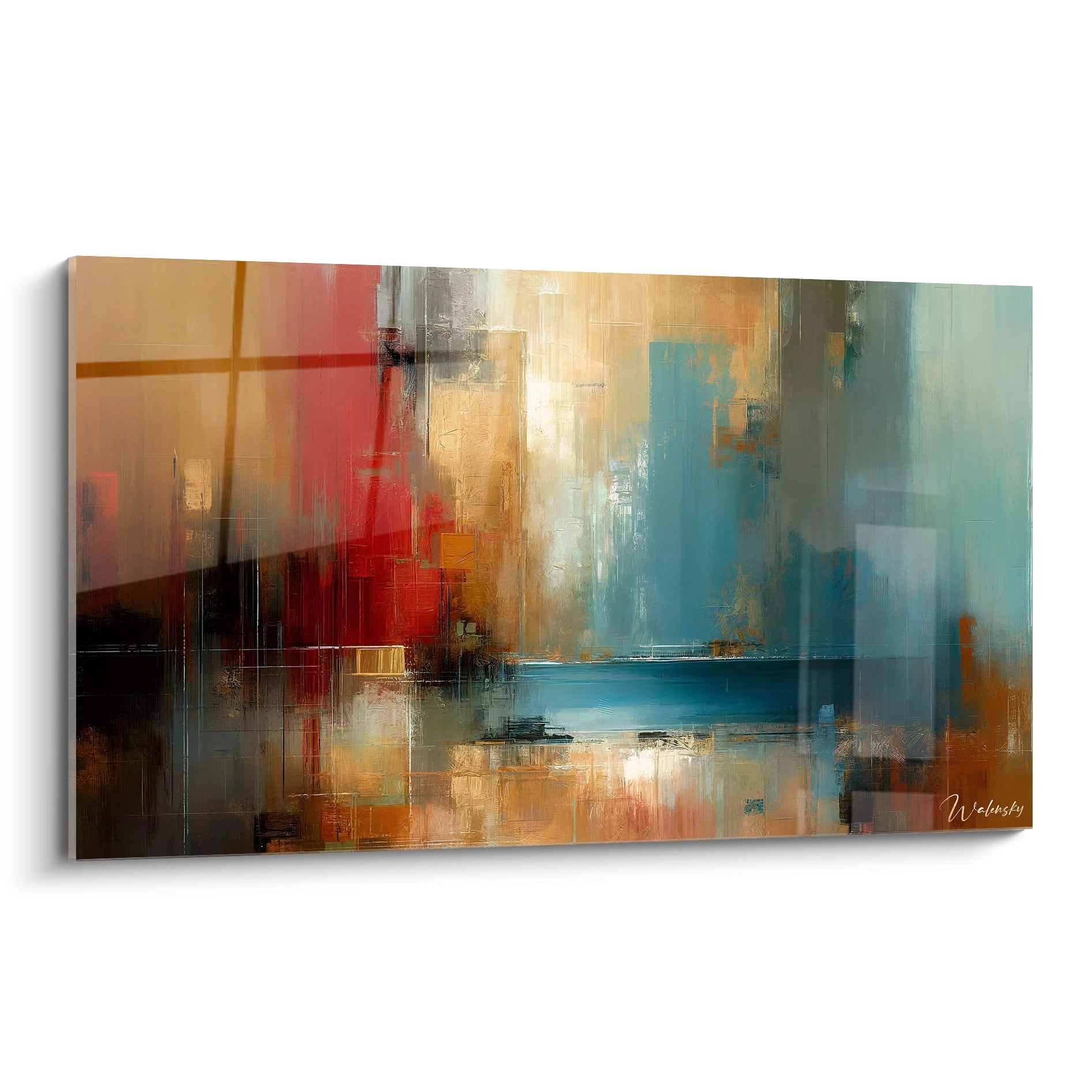 Un tableau abstrait de paysage urbain stylisé avec horizon. Dominé par des teintes rouge écarlate, bleu turquoise, ocre doré et blanc crème. La texture présente des couches superposées aux bords flous, des formes rectangulaires suggérées et des zones transparentes créant un effet de profondeur avec une bande horizontale bleue évoquant l'eau.
