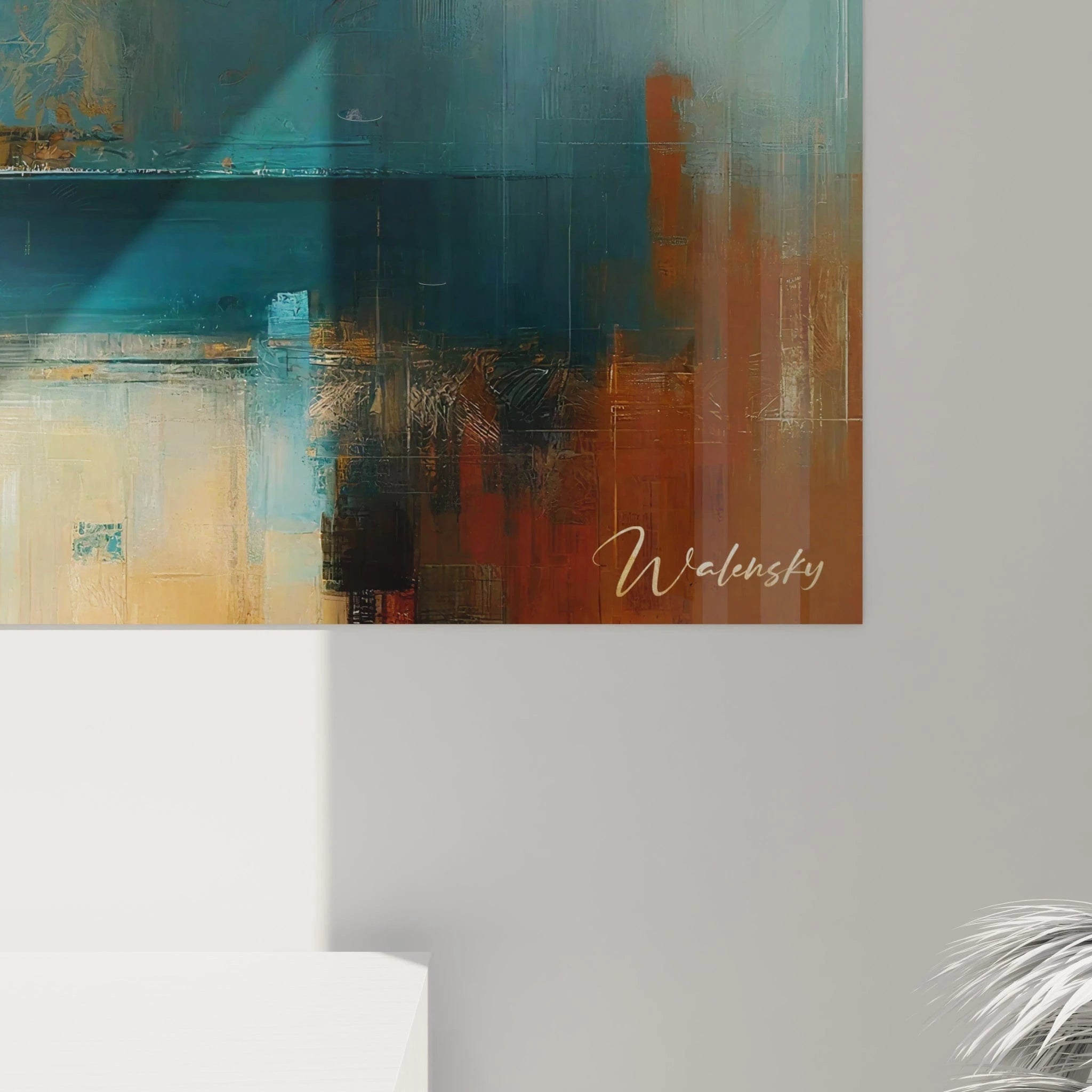 Un tableau abstrait de skyline minimaliste avec plan d'eau. Utilise une palette contrastée de rouge vif, bleu-vert, ocre et blanc cassé. La texture présente des superpositions translucides et des effets de glacis, avec des formes géométriques subtilement suggérées par des lignes verticales et horizontales, créant une composition équilibrée entre masses colorées et zones plus lumineuses.
