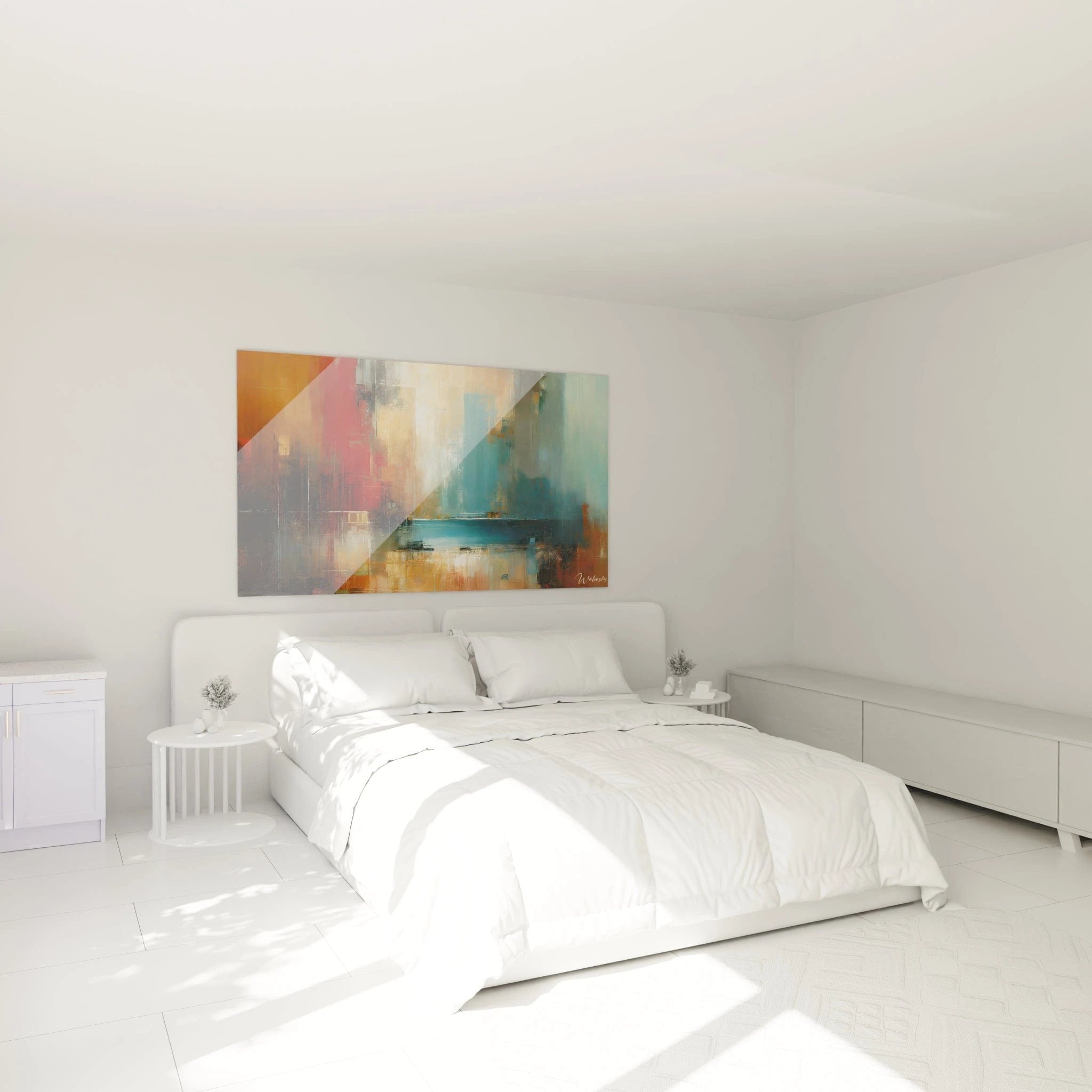 Un tableau abstrait de composition architecturale avec reflets. La palette associe rouge vermillon, bleu azur, ambre et beige lumineux. Les textures combinent zones lisses et empâtements subtils avec des traits verticaux dominants et une section horizontale centrale plus calme, créant un contraste entre les sections chaudes et froides.
