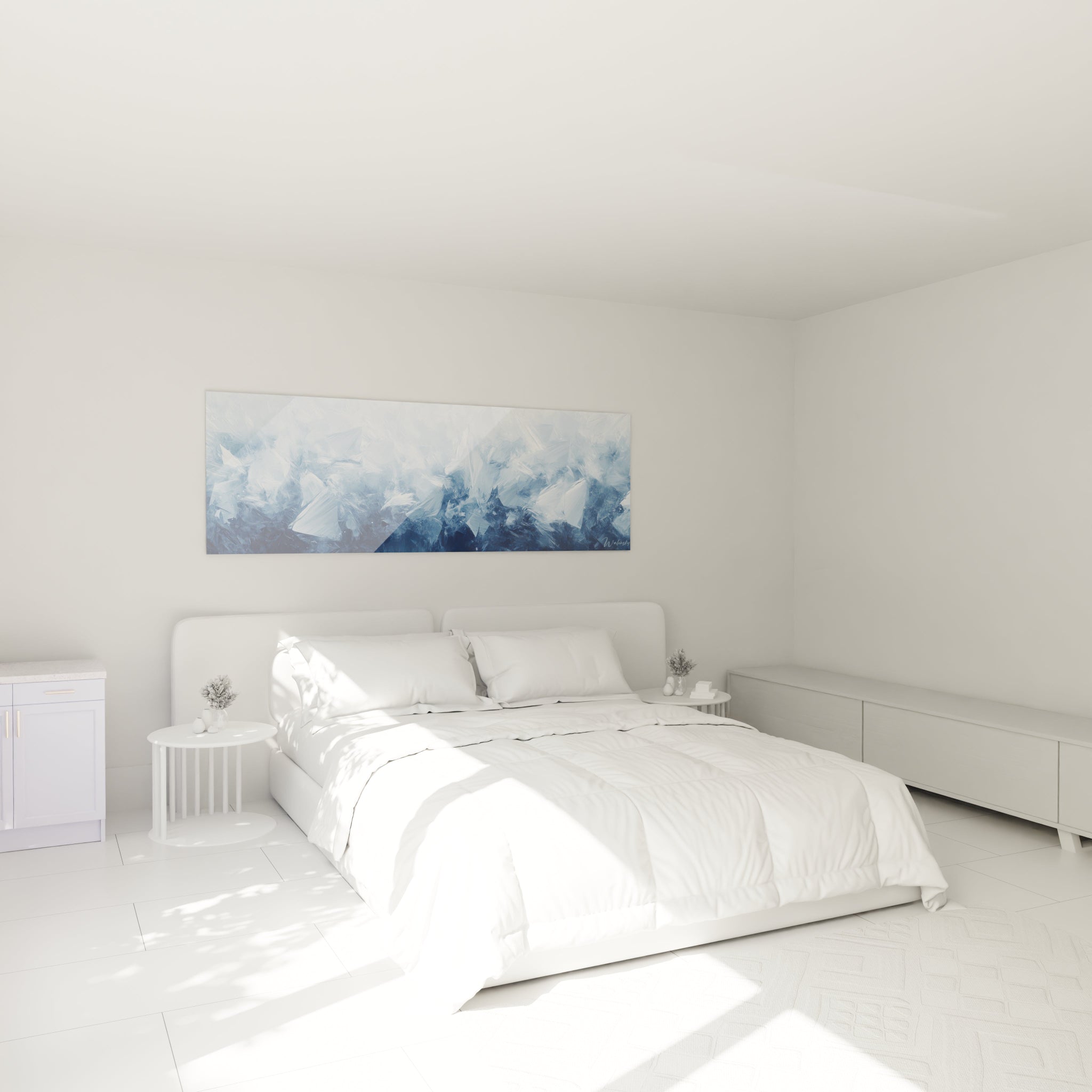 Tableau expressionniste abstrait conçu par Walensky avec des nuances de bleu sur un mur dans une chambre moderne