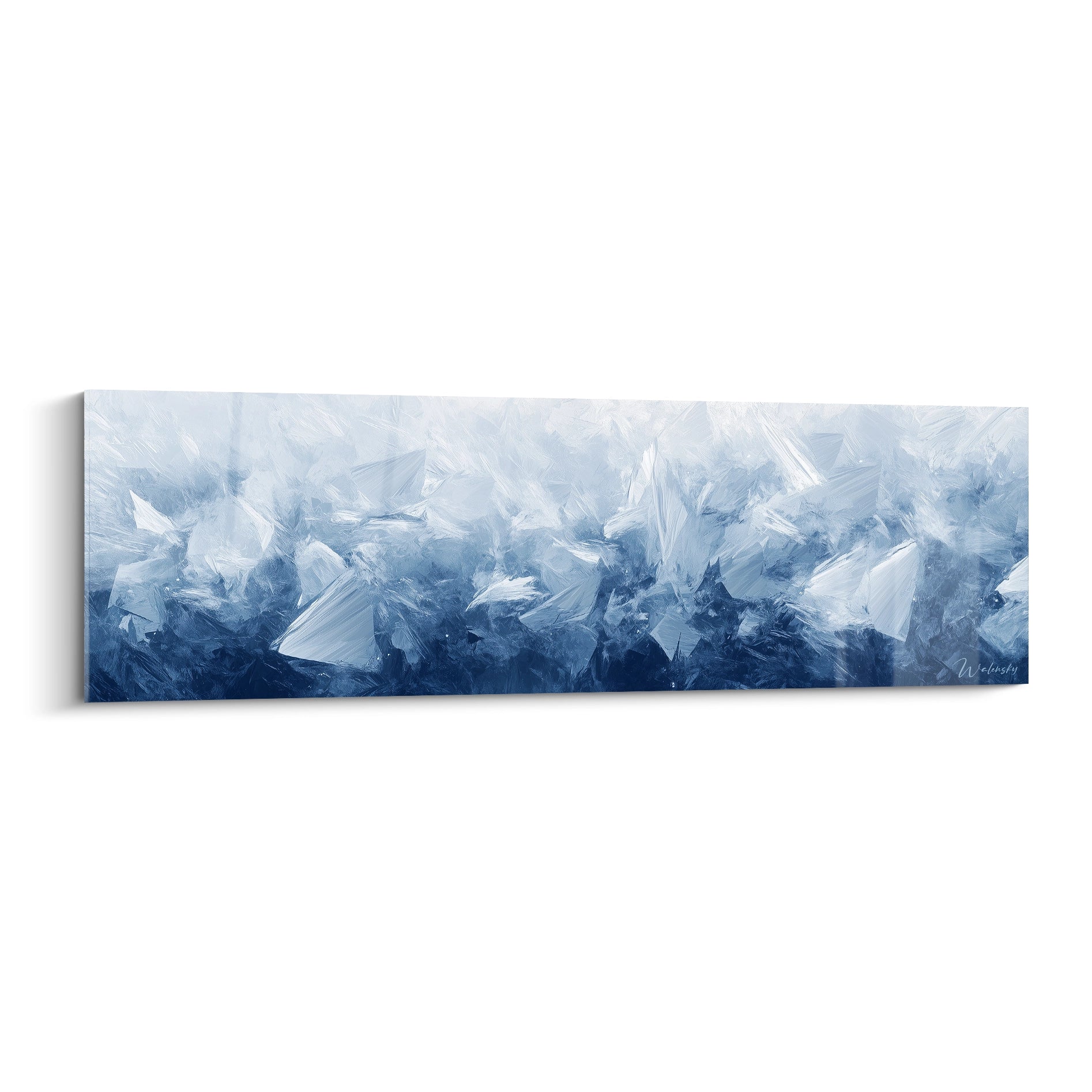 Tableau expressionniste abstrait aux nuances de bleu, signé Walensky, idéal pour décorer un mur moderne