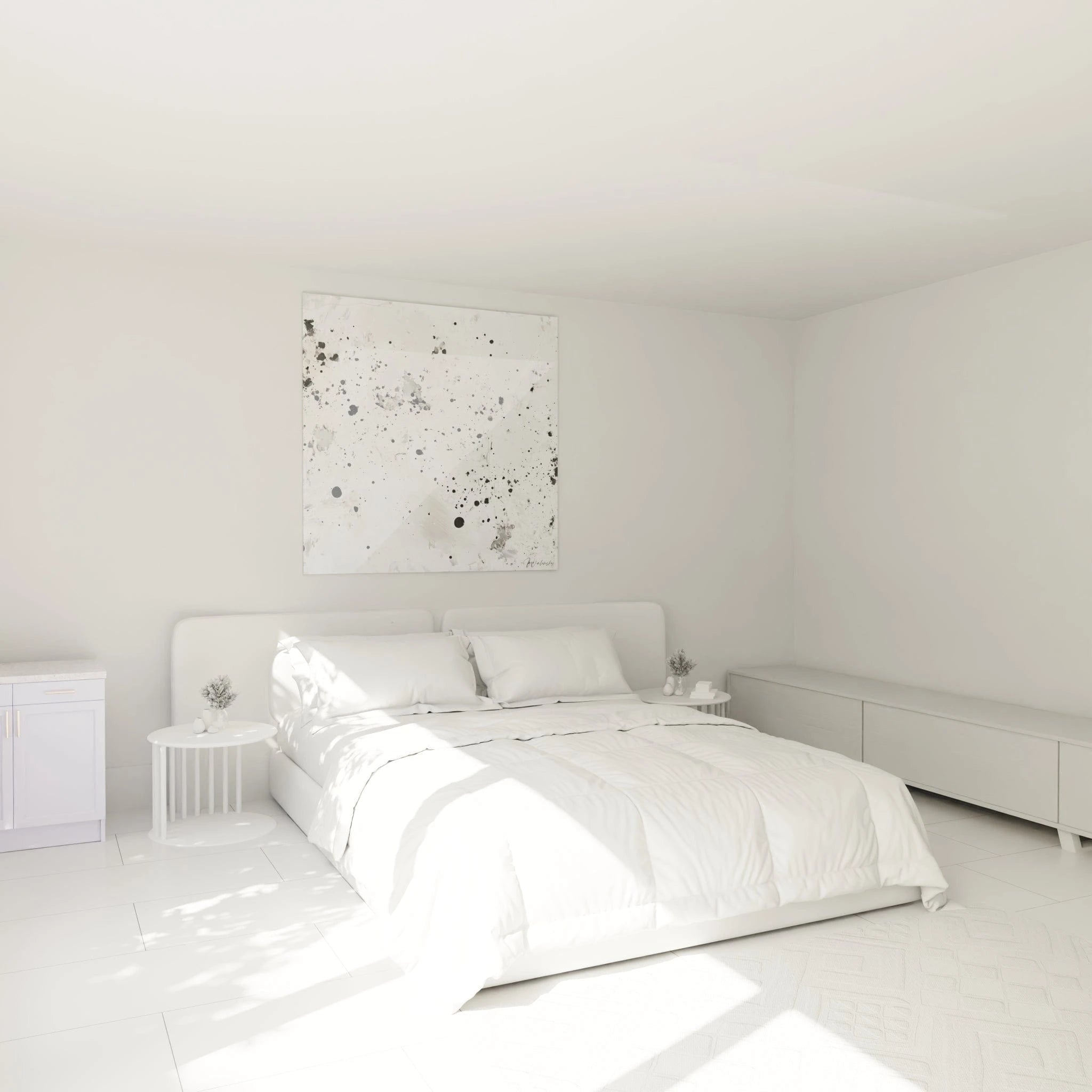 Tableau tacheté noir et blanc Walensky accroché au mur dans une chambre minimaliste lumineuse